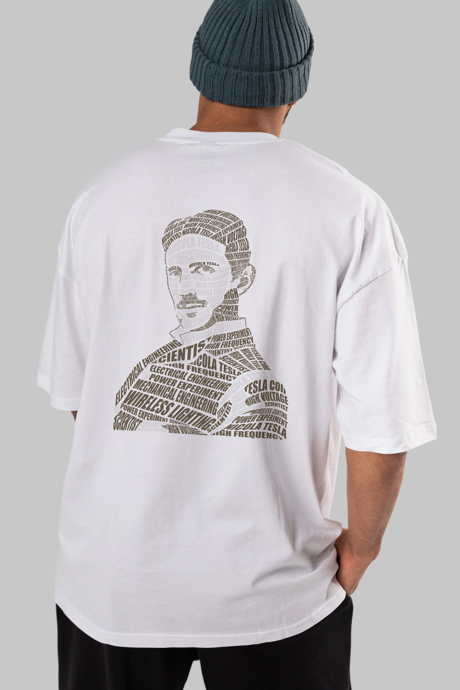 Nikola Tesla Calligram Arka Baskılı Oversize t-shirt %100 pamuk Erkek Kadın Unisex