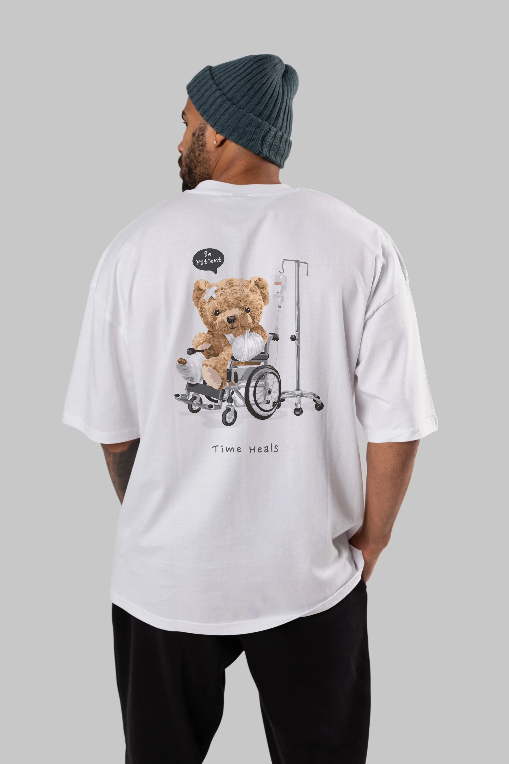 Teddy Bear Time Heals Arka Baskılı Oversize t-shirt Erkek Kadın Unisex %100 Pamuk