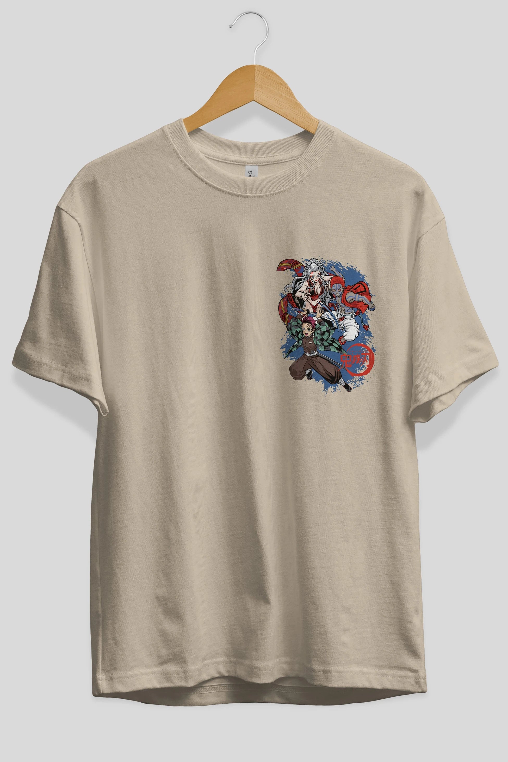 TANJIRO ,AKAZA,DAKI Ön Sol Baskılı Oversize t-shirt Erkek Kadın Unisex %100 Pamuk Bisiklet Yaka tişort
