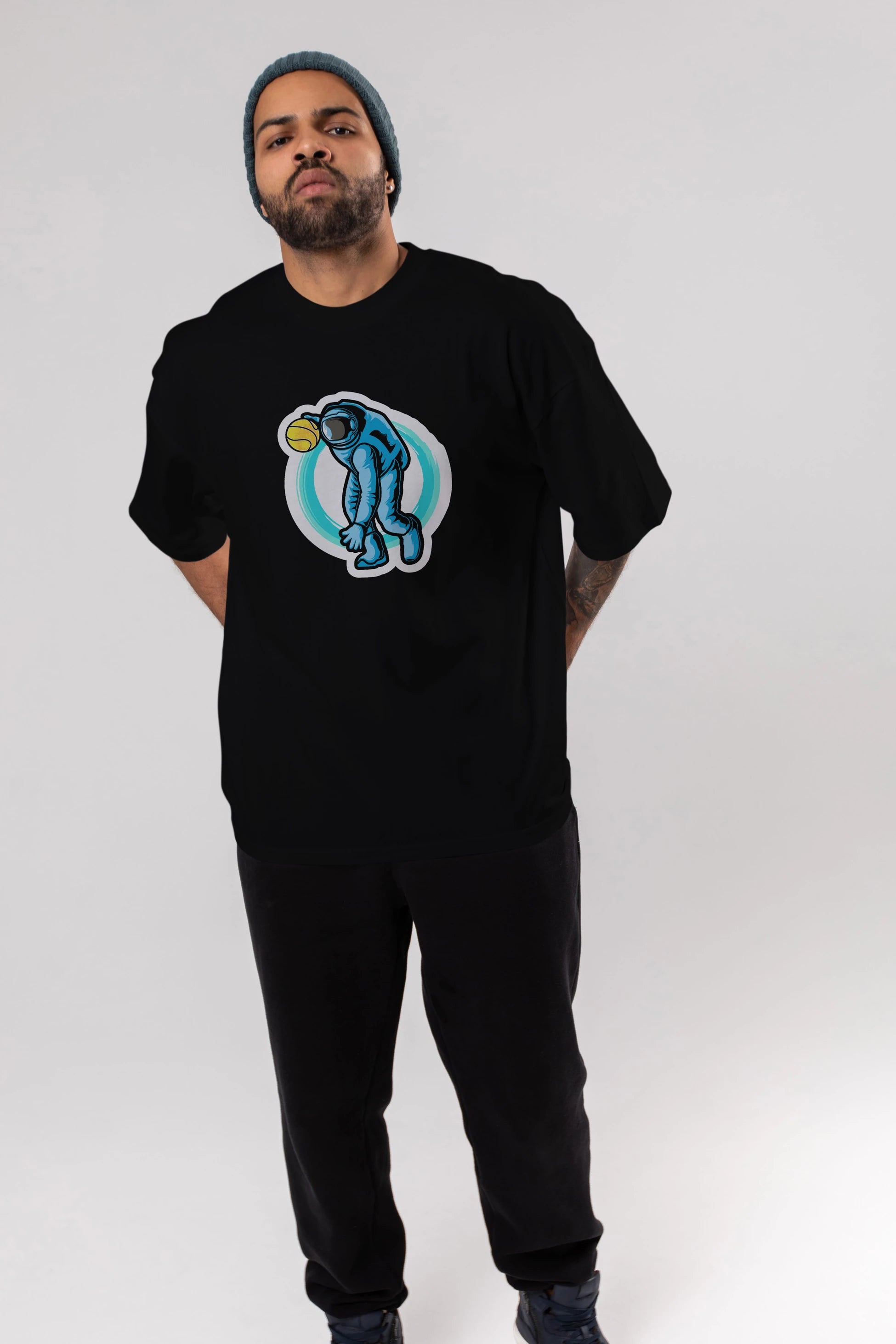 Astronaut Dribble Sticker Ön Baskılı Oversize t-shirt Erkek Kadın Unisex