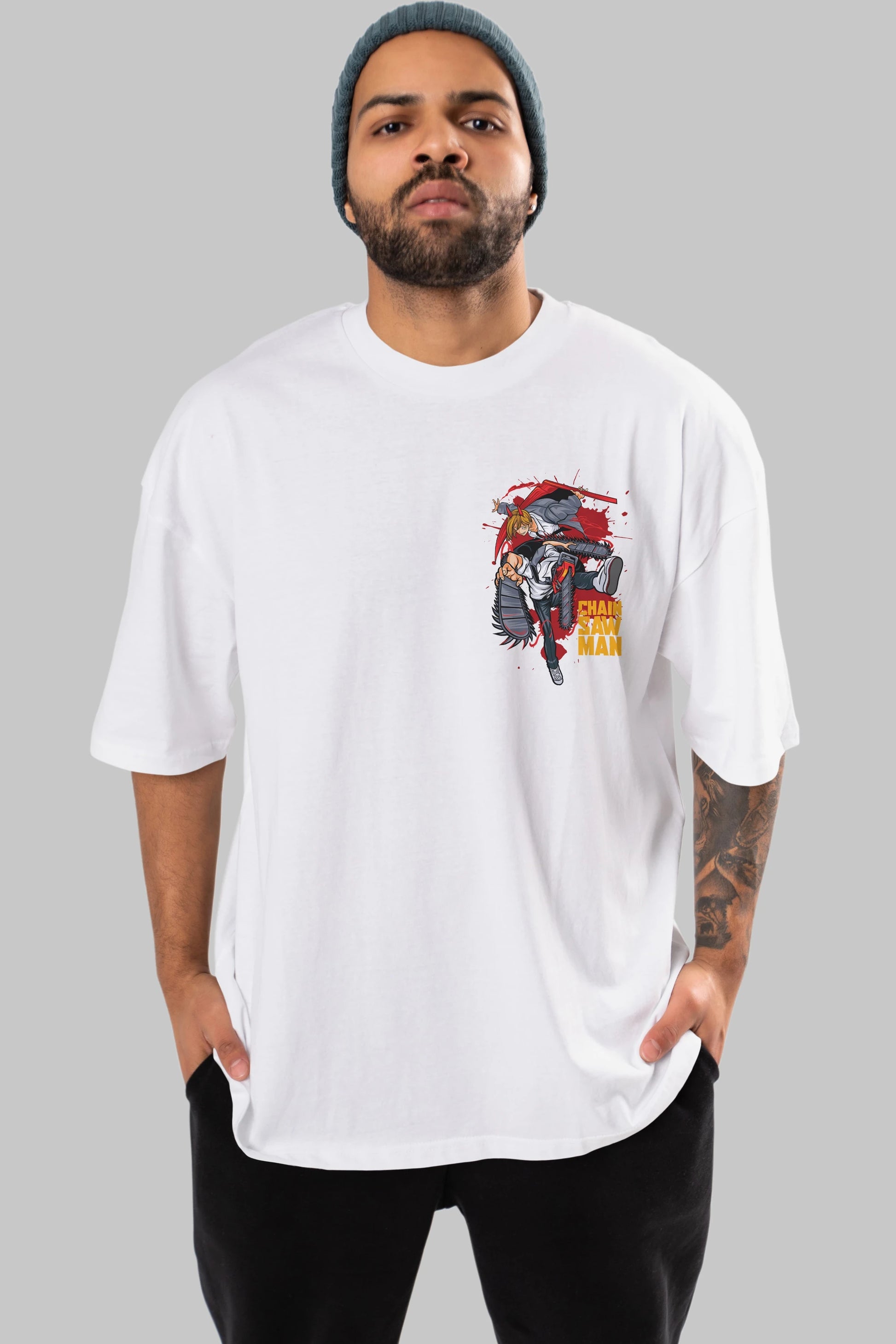 DENJI and POWER Ön Sol Baskılı Oversize t-shirt Erkek Kadın Unisex %100 Pamuk Bisiklet Yaka tişort