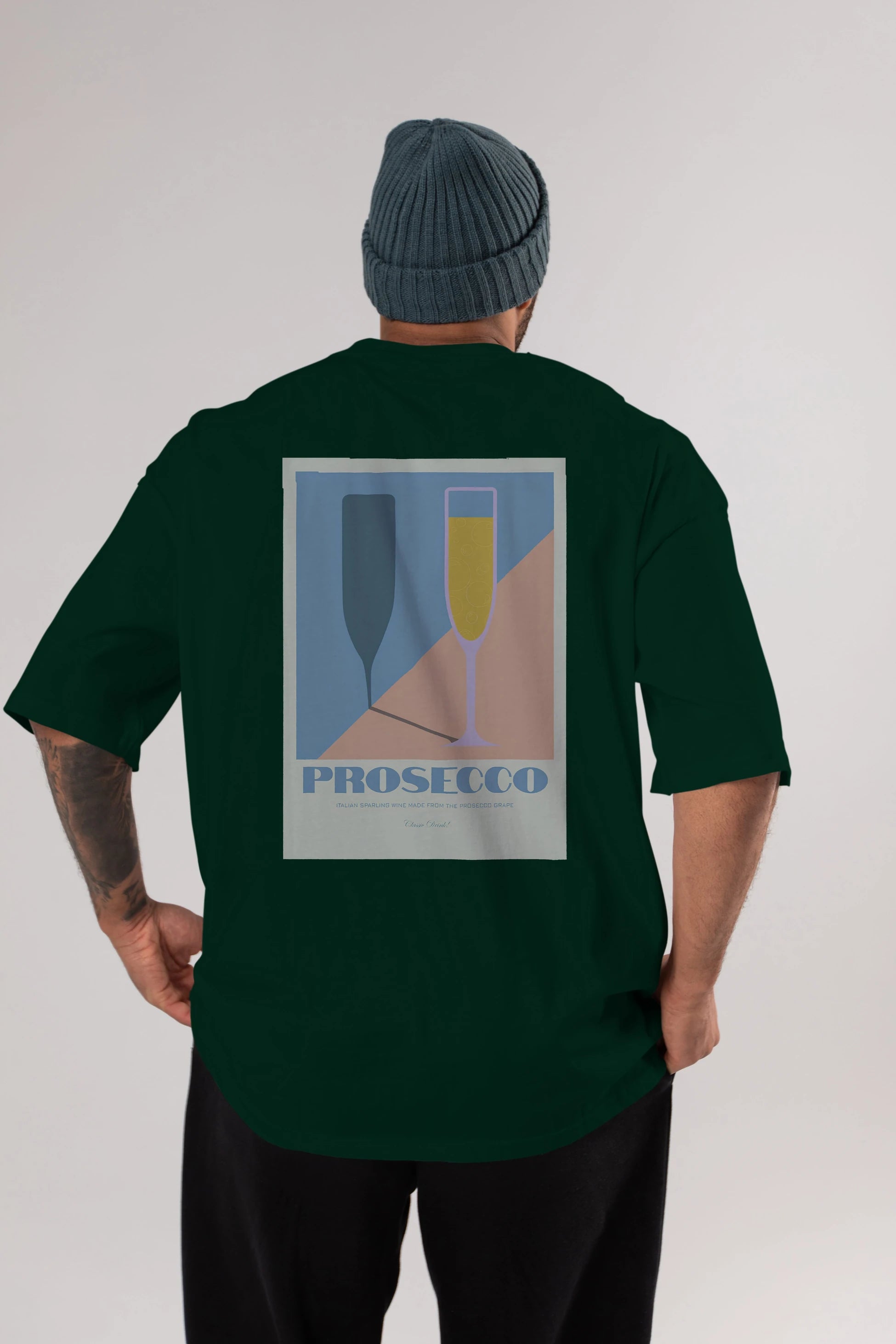 Prosecco Arka Baskılı Oversize t-shirt Erkek Kadın Unisex %100 Pamuk Bisiklet Yaka tişort