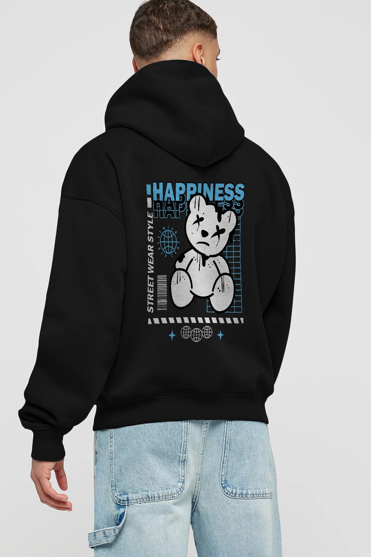 Happiness Bear 2 Arka Baskılı Hoodie Oversize Kapüşonlu Sweatshirt Erkek Kadın Unisex