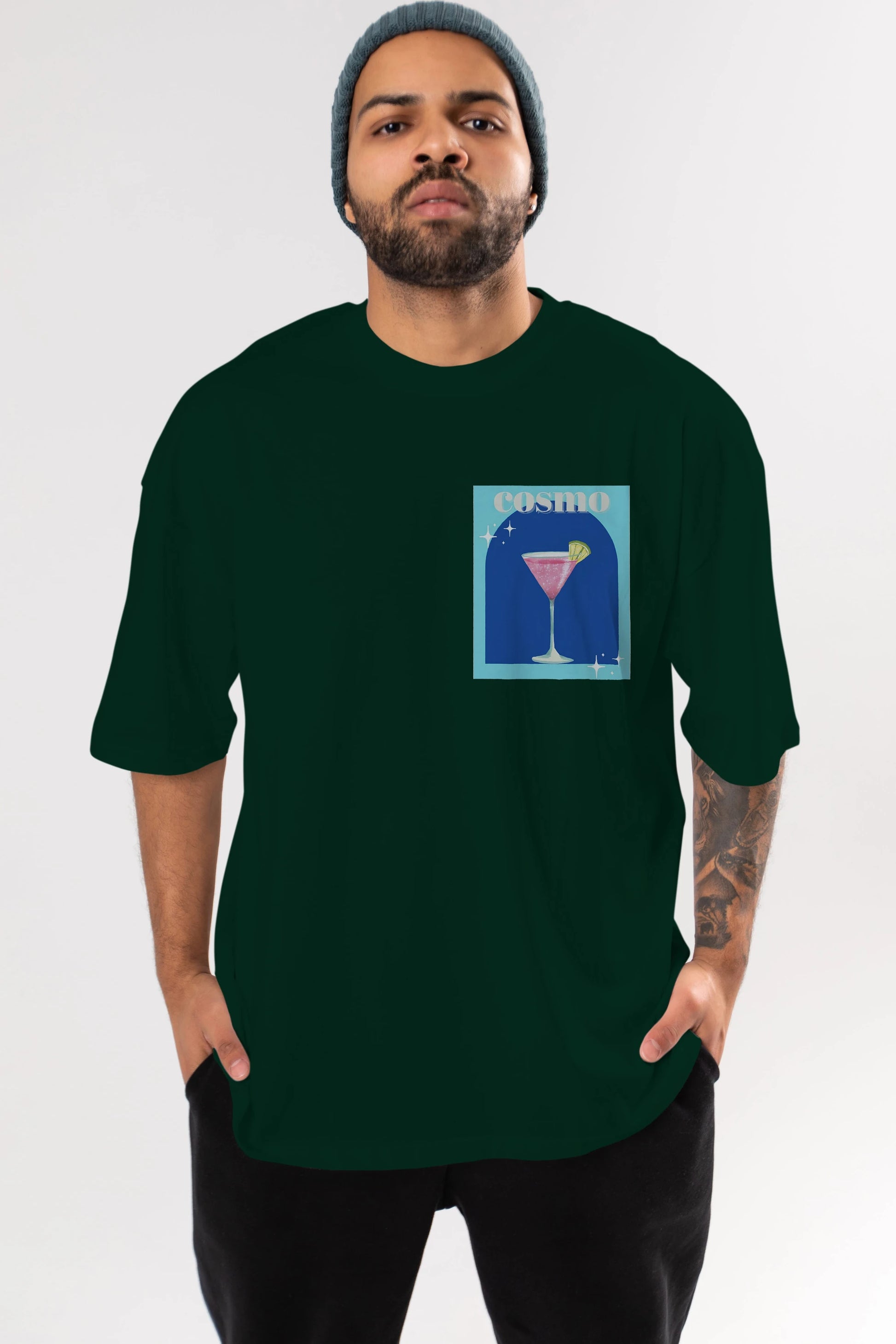 Cosmopolitan 2 Ön Sol Baskılı Oversize t-shirt Erkek Kadın Unisex %100 Pamuk Bisiklet Yaka tişort