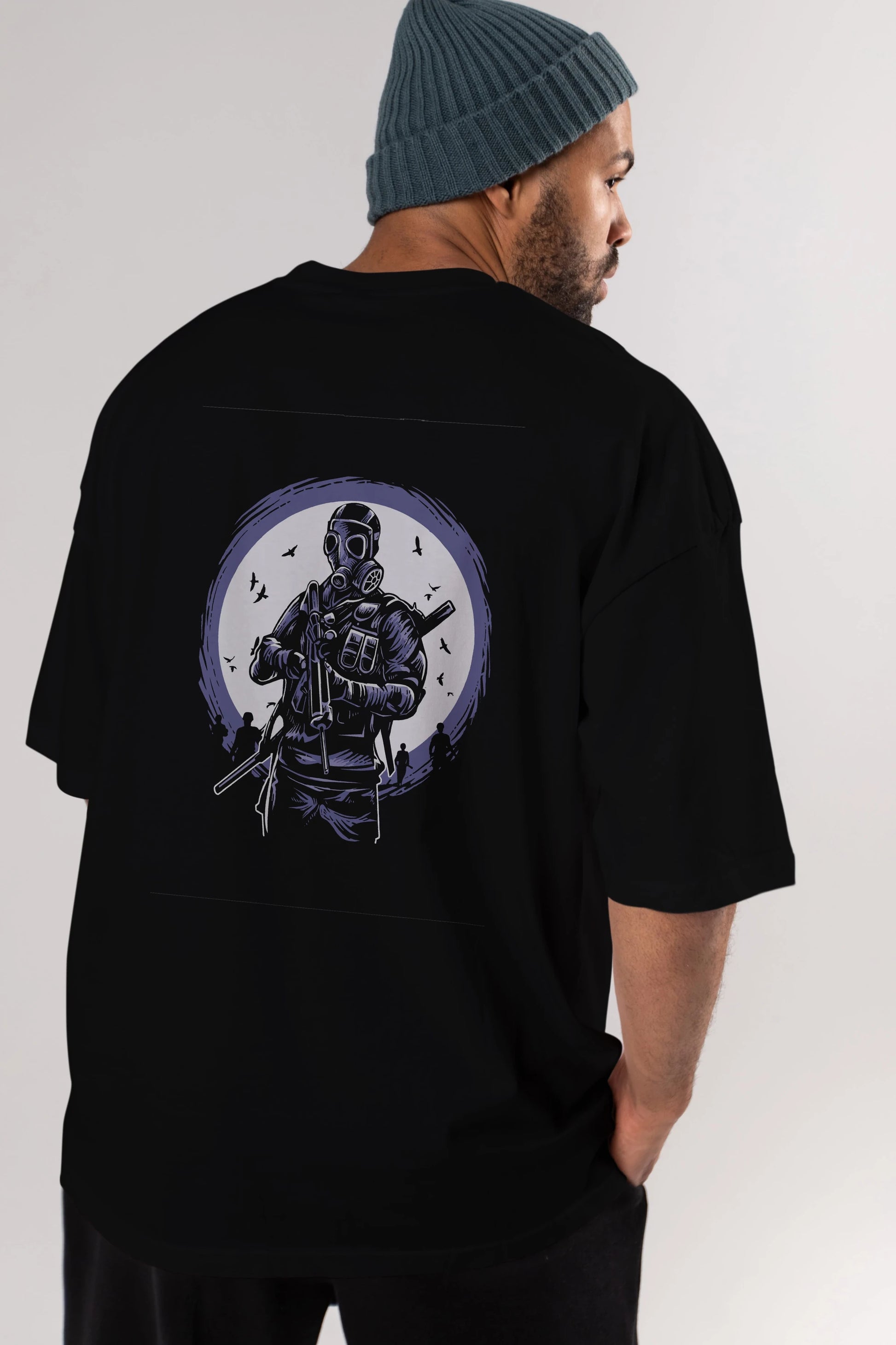 Gas Mask Soldier Arka Baskılı Oversize t-shirt Erkek Kadın Unisex %100 Pamuk