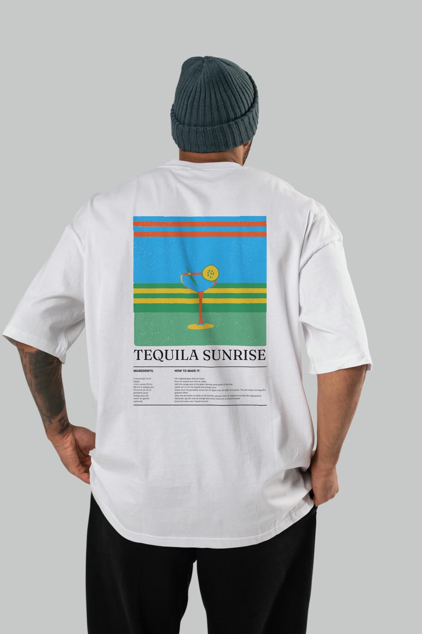 Tequila Sunrise Kokteyl Serisi Arka Baskılı Oversize t-shirt Erkek Kadın %100 Pamuk Bisiklet Yaka tişort