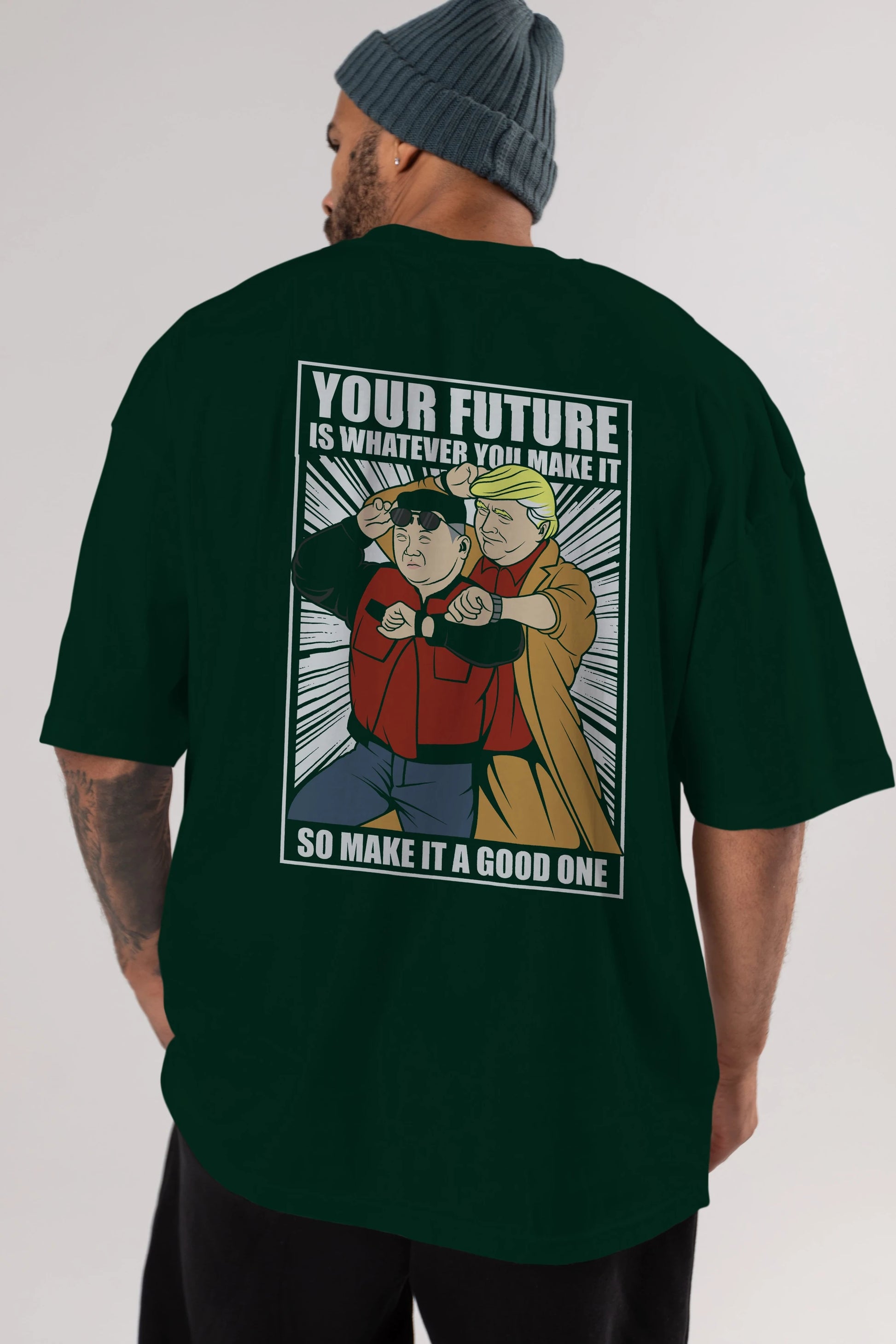 Back To The Future Jong Un Trump Arka Baskılı Oversize t-shirt Erkek Kadın Unisex %100 Pamuk tişort