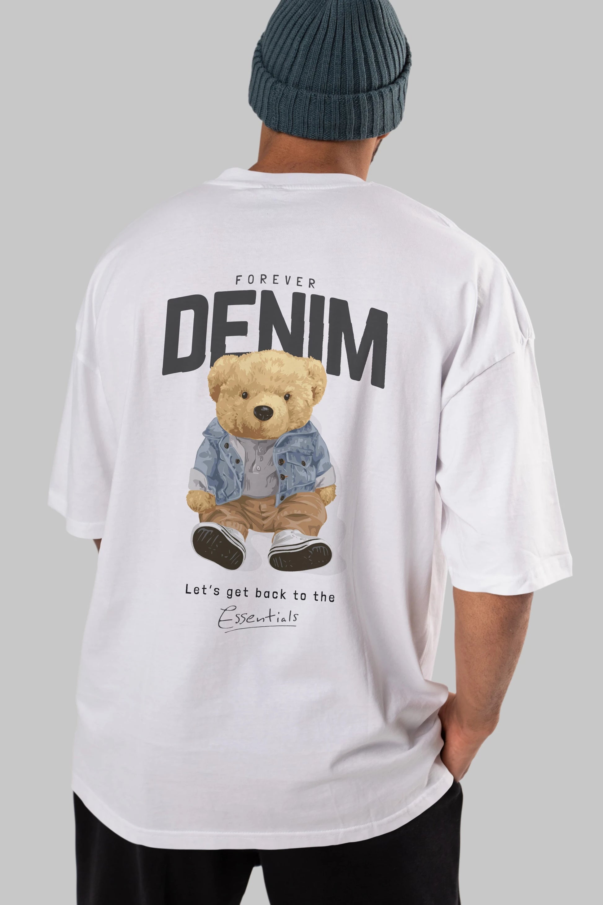 Teddy Bear Forever Denim Arka Baskılı Oversize t-shirt Erkek Kadın Unisex %100 Pamuk