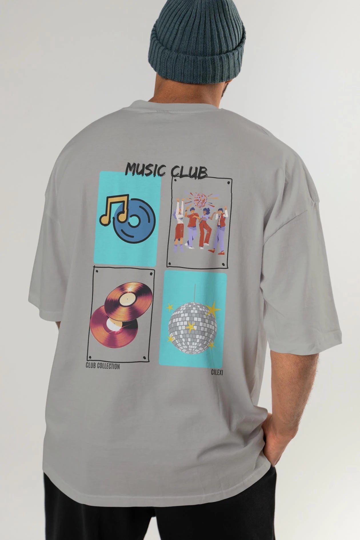 Music Club Arka Baskılı Oversize t-shirt Erkek Kadın %100 Pamuk Bisiklet Yaka tişort