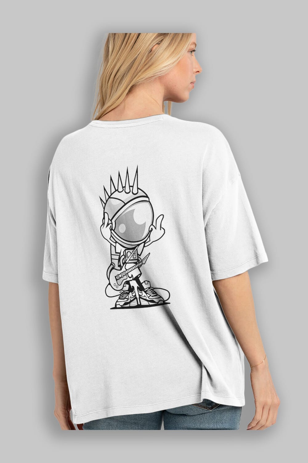 Astronaut Punk Rock Arka Baskılı Oversize t-shirt Erkek Kadın Unisex %100 Pamuk tişort