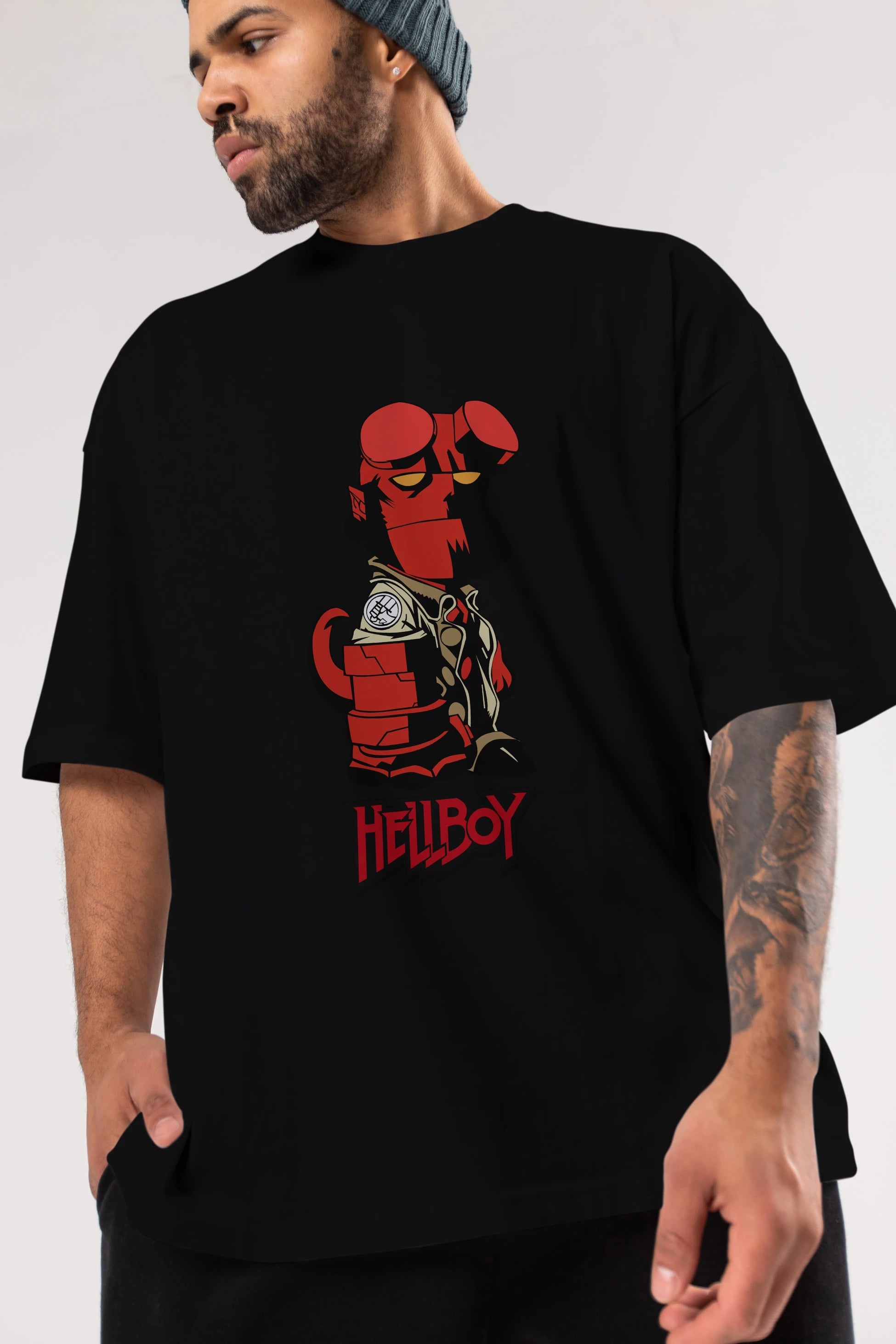 Hellboy (1) Ön Baskılı Oversize t-shirt Erkek Kadın Unisex %100 Pamuk Bisiklet Yaka tişort