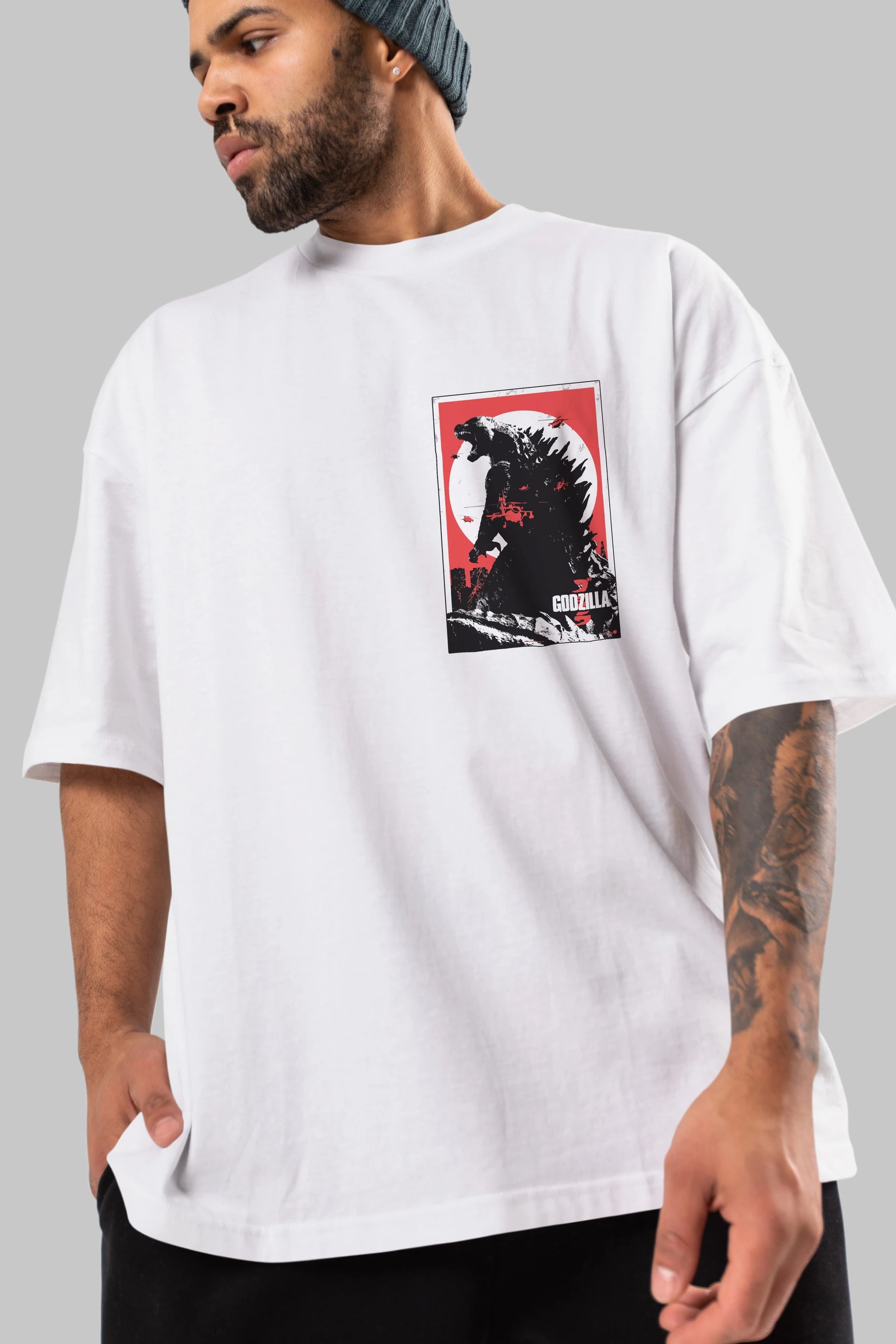 Godzilla (2) Ön Sol Baskılı Oversize t-shirt Erkek Kadın Unisex %100 Pamuk Bisiklet Yaka tişort