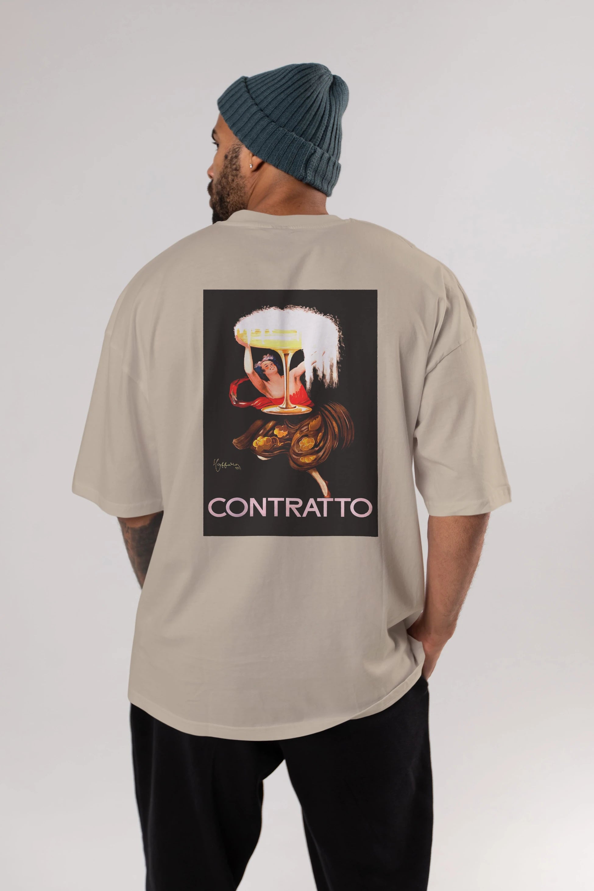 Contratto Arka Baskılı Oversize t-shirt Erkek Kadın Unisex %100 Pamuk Bisiklet Yaka tişort