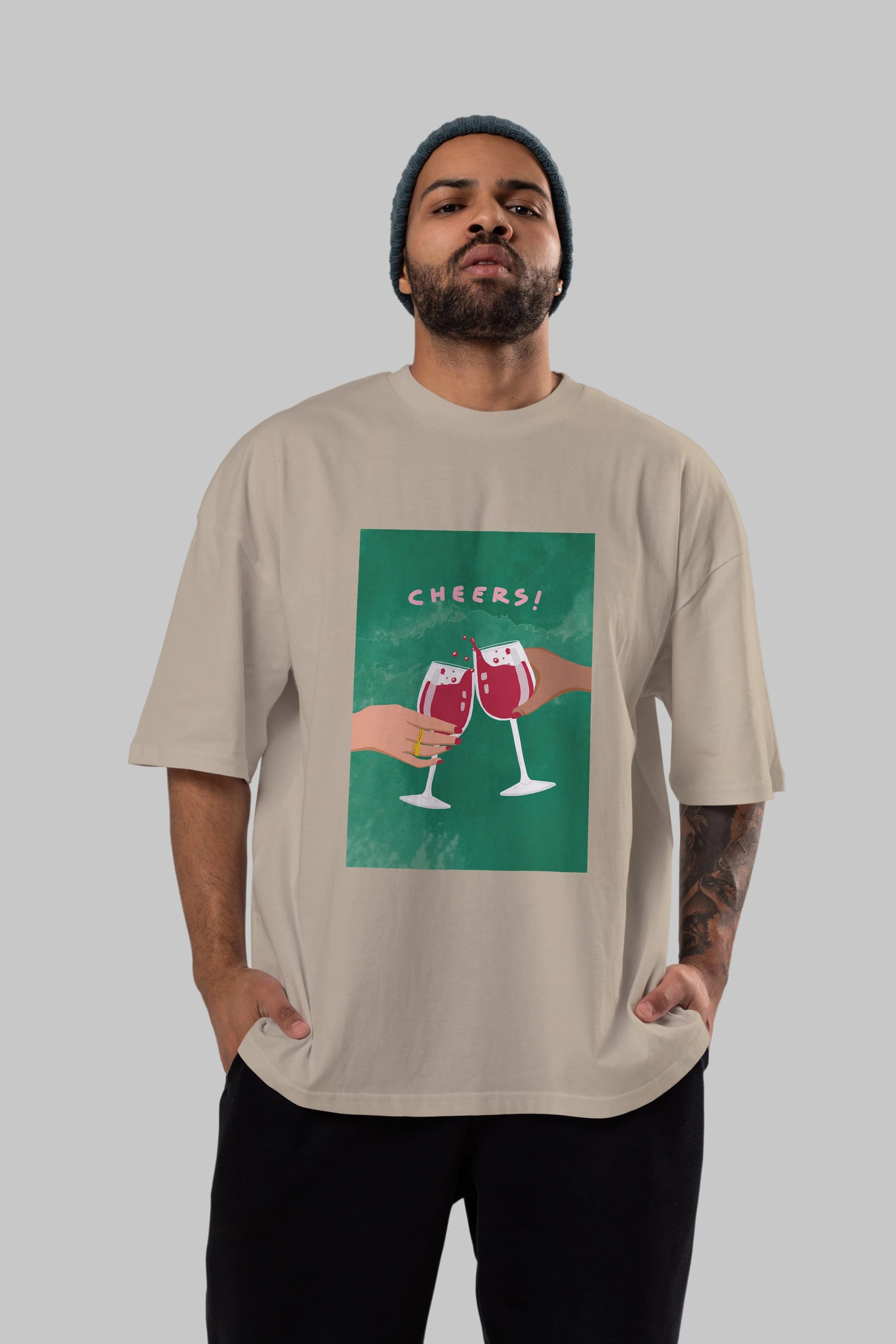 Cheers Ön Baskılı Oversize t-shirt Erkek Kadın Unisex %100 Pamuk Bisiklet Yaka tişort