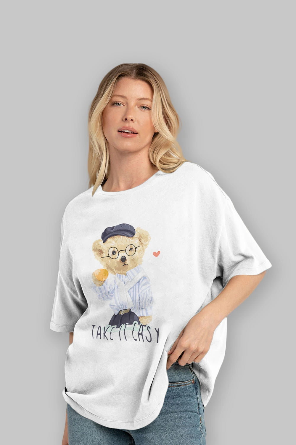 Teddy Bear Take it Easy Ön Baskılı Oversize t-shirt Erkek Kadın Unisex %100 Pamuk