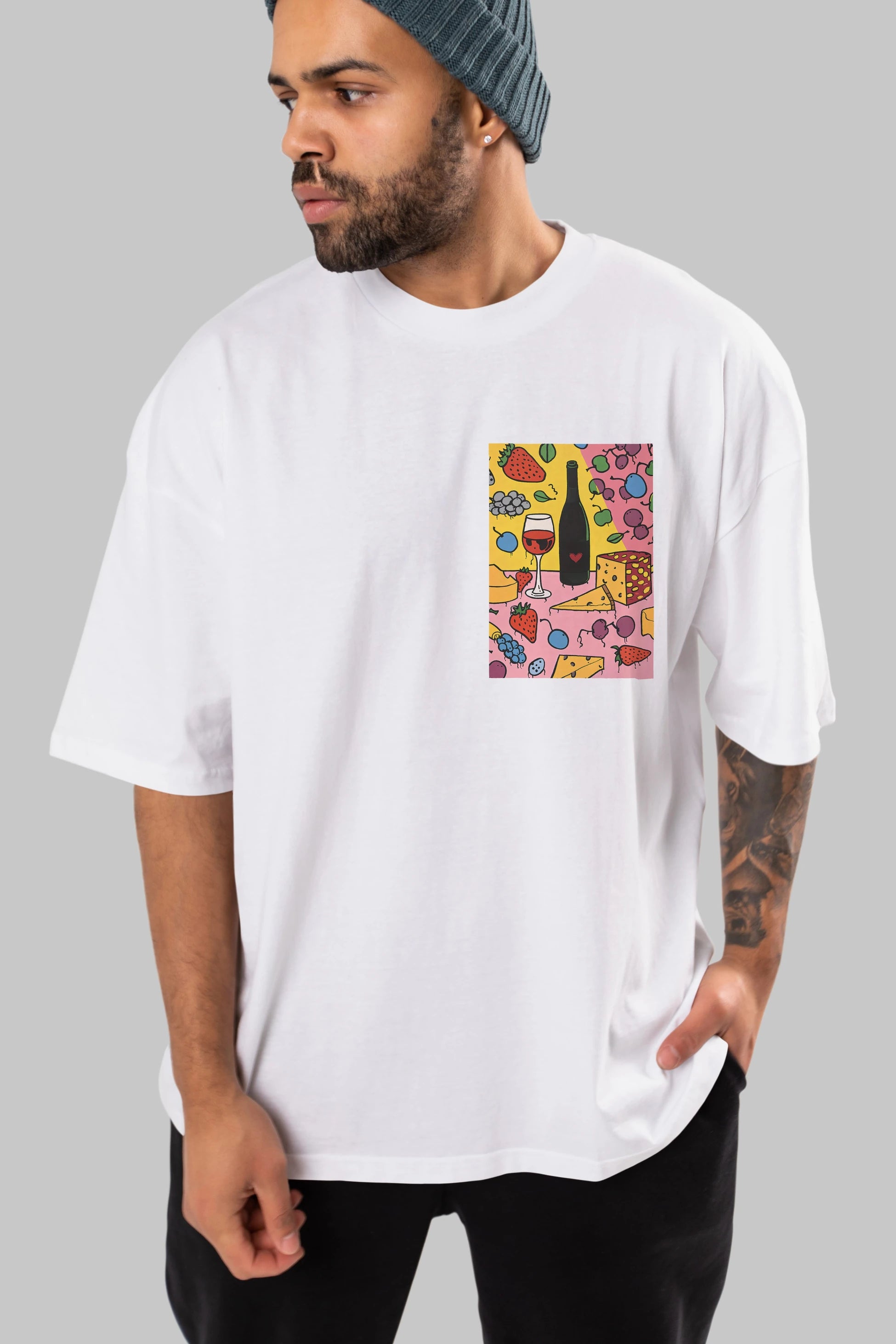Wine Cheese Fruits Ön Sol Baskılı Oversize t-shirt Erkek Kadın Unisex %100 Pamuk Bisiklet Yaka tişort