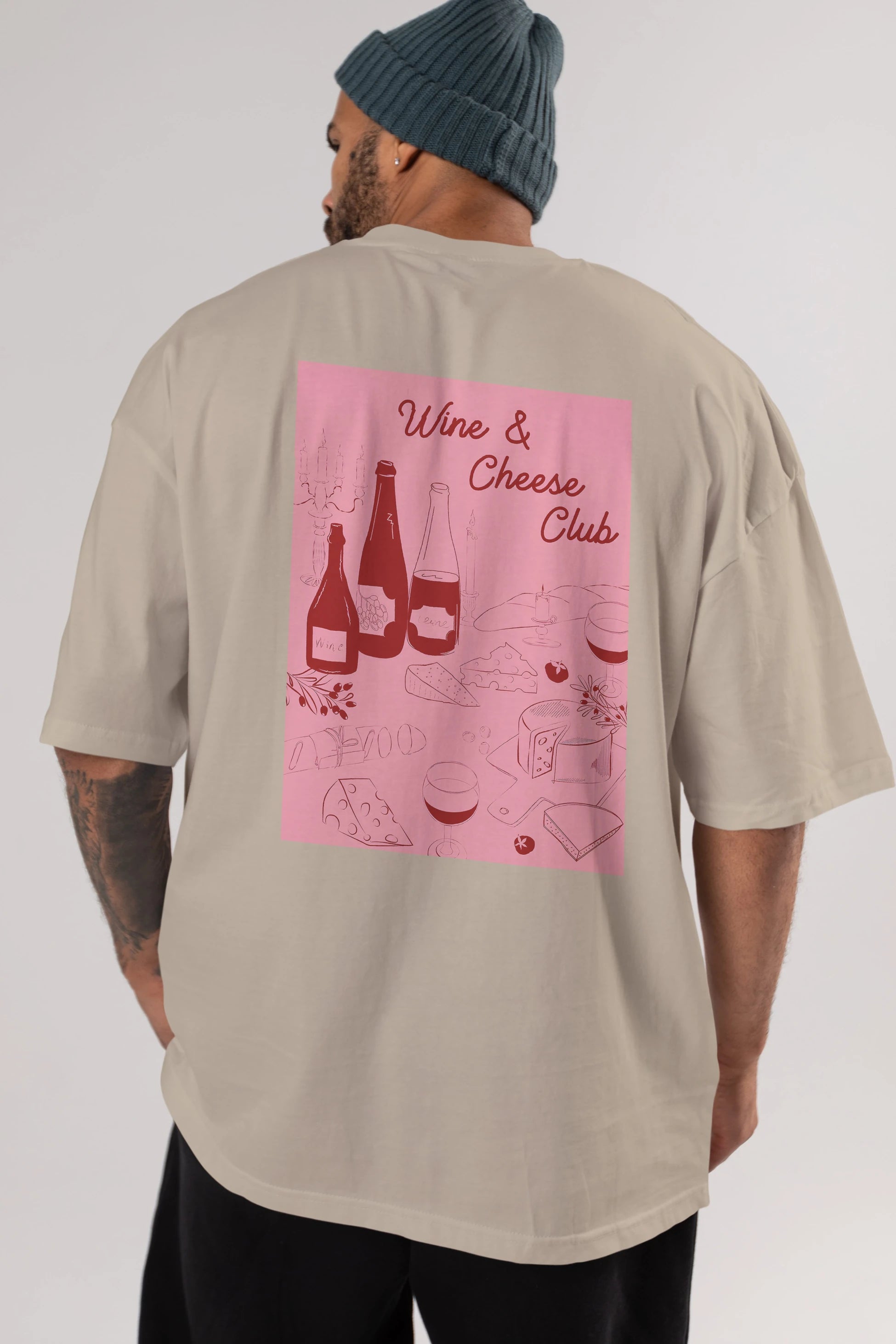 Wine Cheese Club Arka Baskılı Oversize t-shirt Erkek Kadın Unisex %100 Pamuk Bisiklet Yaka tişort