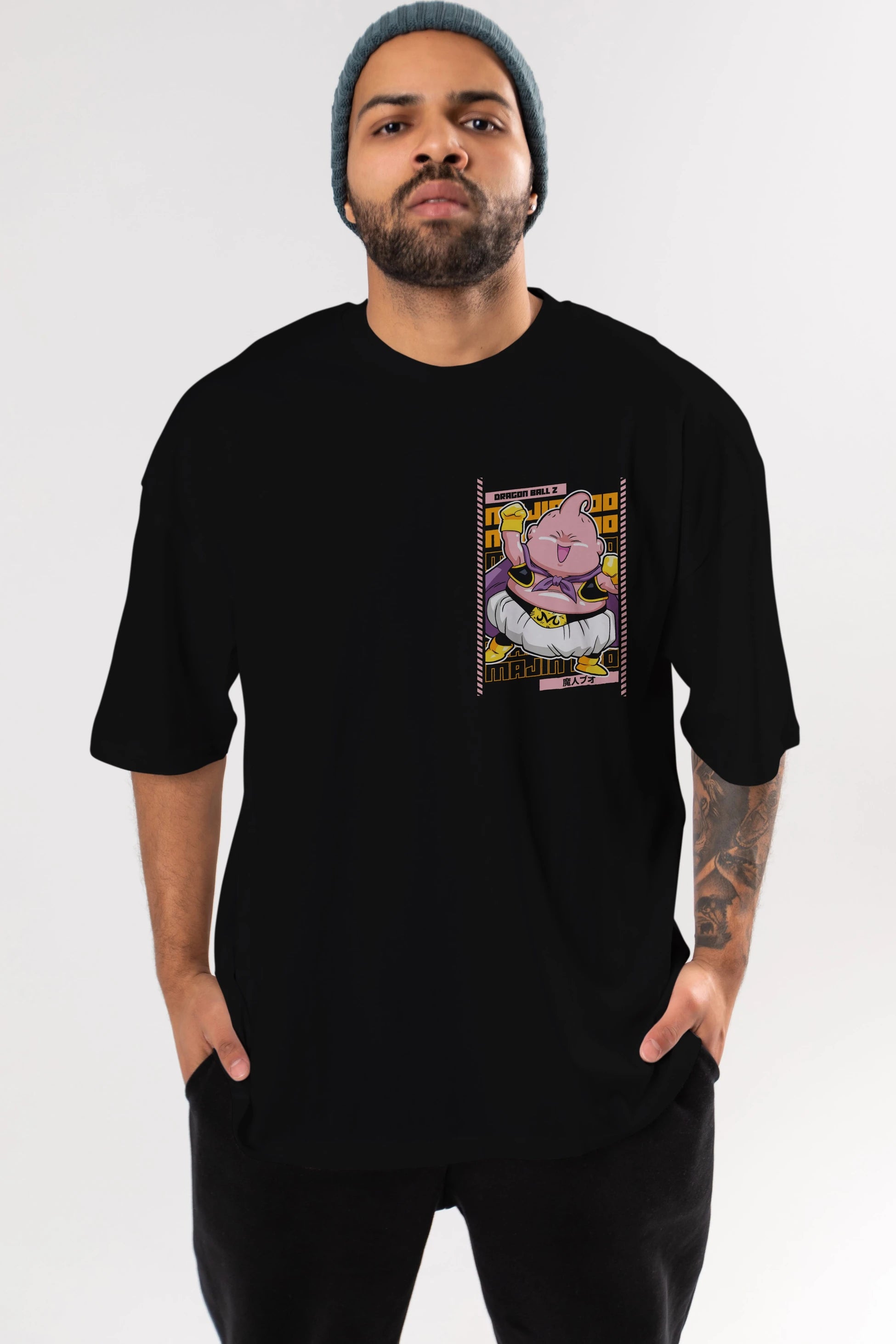 MAJIN BOO1 Ön Sol Baskılı Oversize t-shirt Erkek Kadın Unisex %100 Pamuk Bisiklet Yaka tişort
