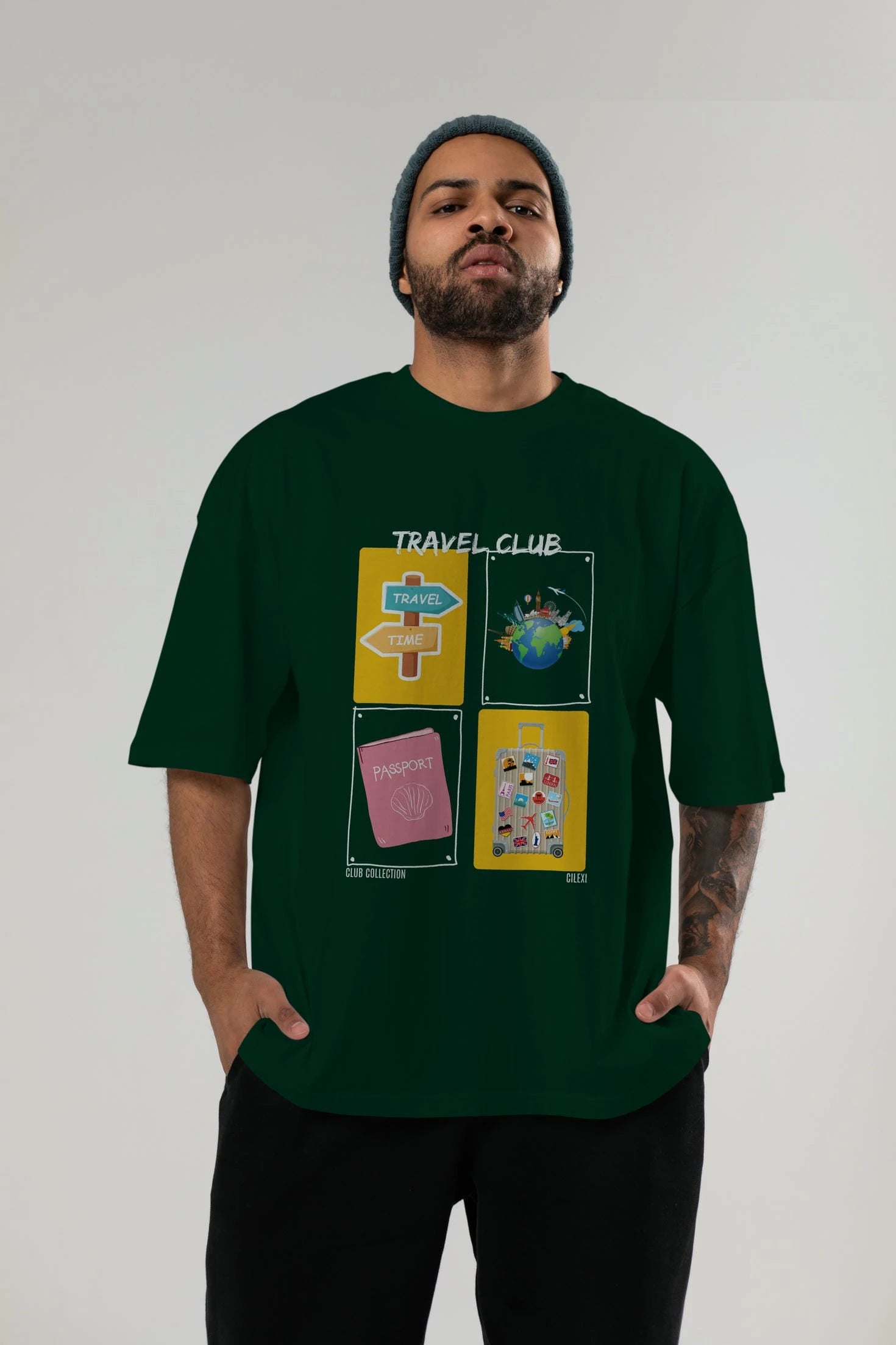 Travel Club ön Baskılı Oversize t-shirt Erkek Kadın %100 Pamuk Bisiklet Yaka tişort