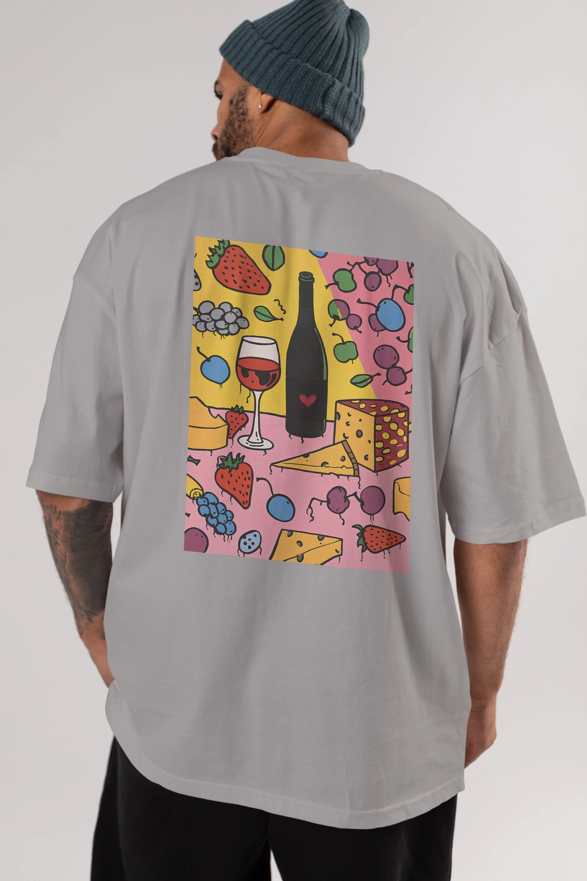 Wine Cheese Fruits Arka Baskılı Oversize t-shirt Erkek Kadın Unisex %100 Pamuk Bisiklet Yaka tişort