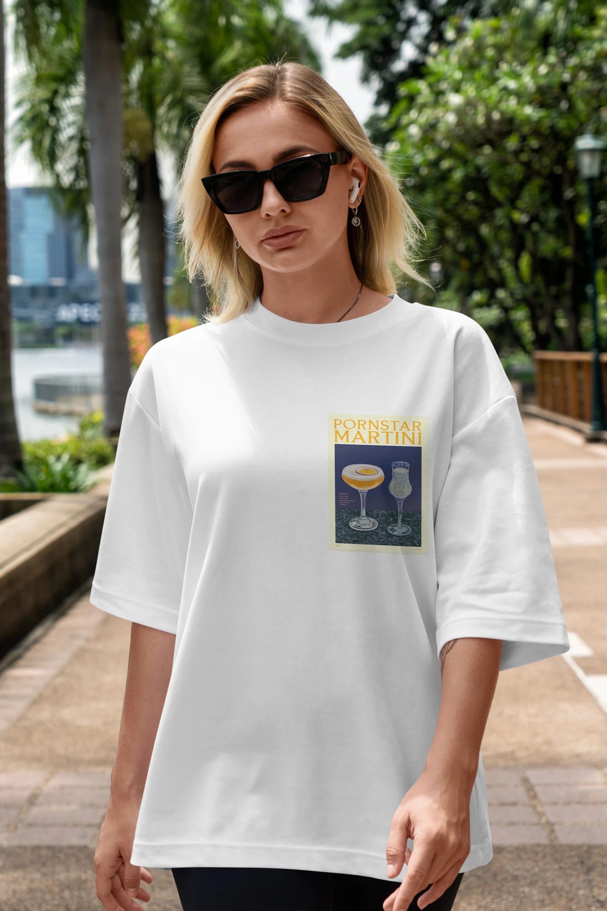 P.rnstar Martini Ön Sol Baskılı Oversize t-shirt Erkek Kadın Unisex %100 Pamuk Bisiklet Yaka tişort