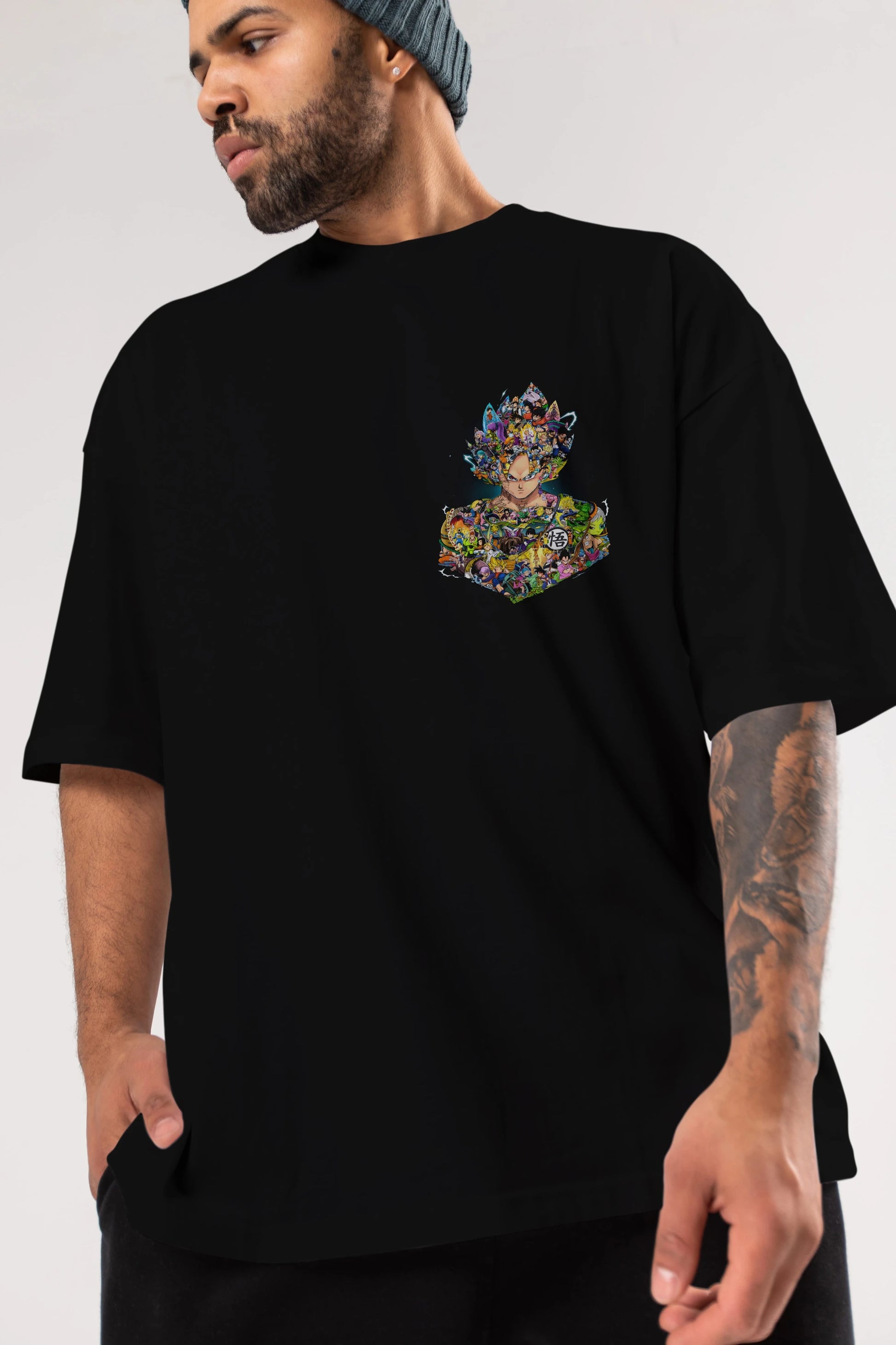 DRAGON BALL ART Ön Sol Baskılı Oversize t-shirt Erkek Kadın Unisex %100 Pamuk Bisiklet Yaka tişort