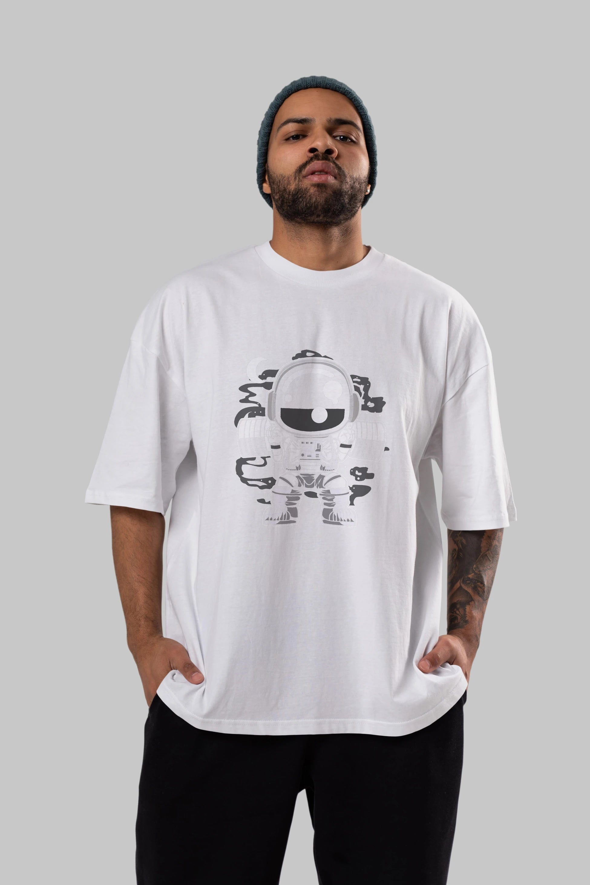 Astronaut Barbell Body Builder Ön Baskılı Oversize t-shirt Erkek Kadın Unisex