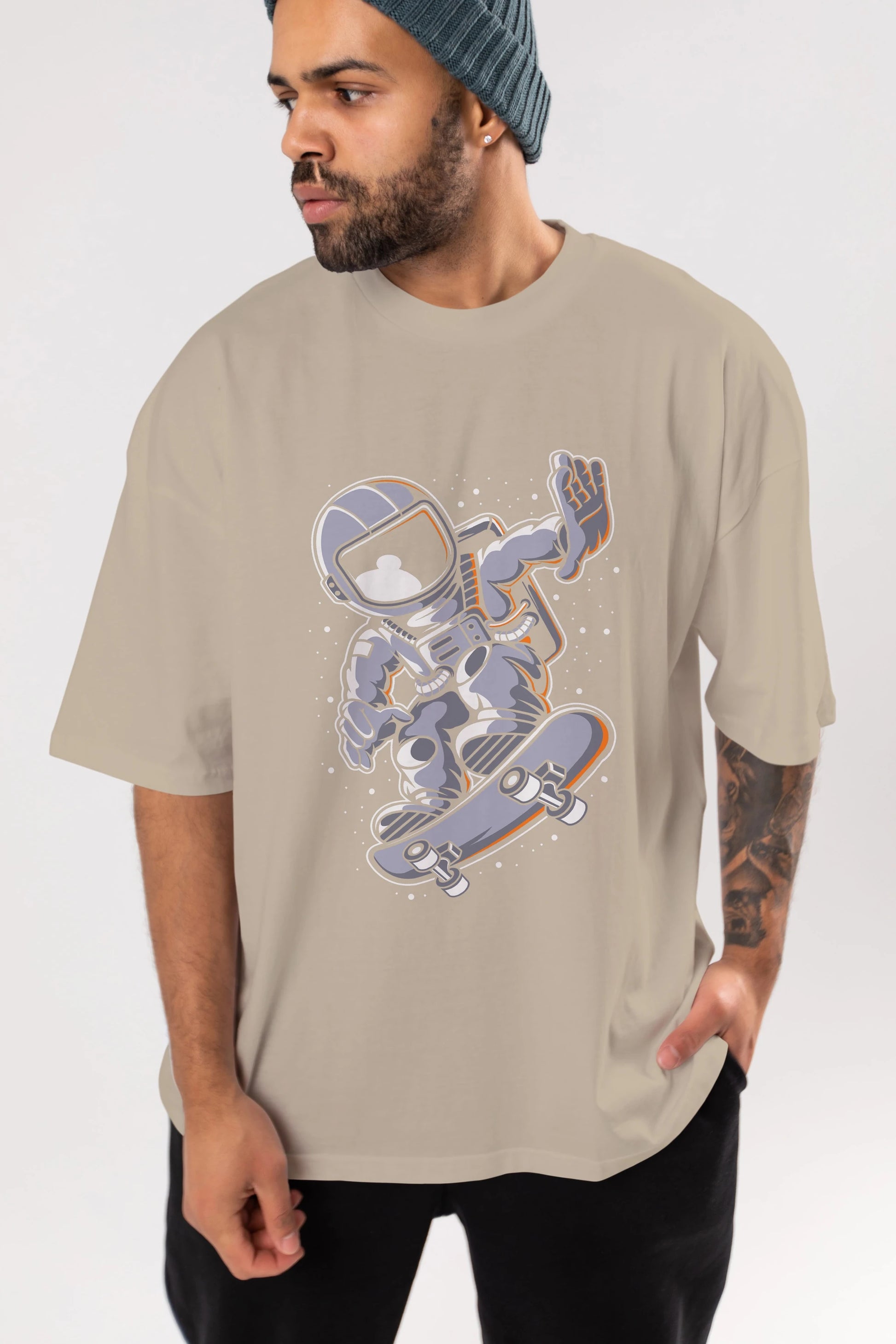 Astronaut Skateboard Ön Baskılı Oversize t-shirt Erkek Kadın Unisex