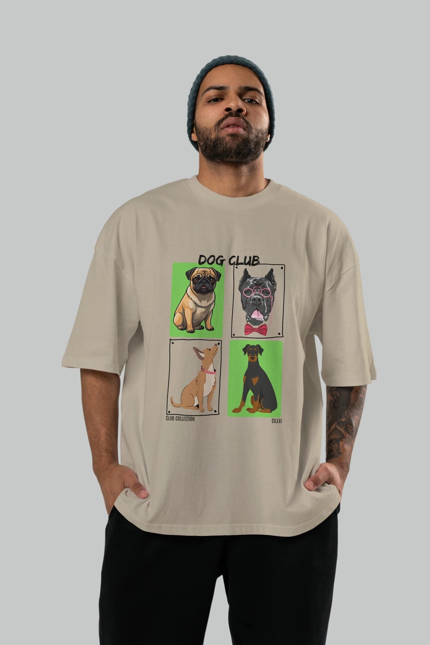 Dog Club ön Baskılı Oversize t-shirt Erkek Kadın %100 Pamuk Bisiklet Yaka tişort