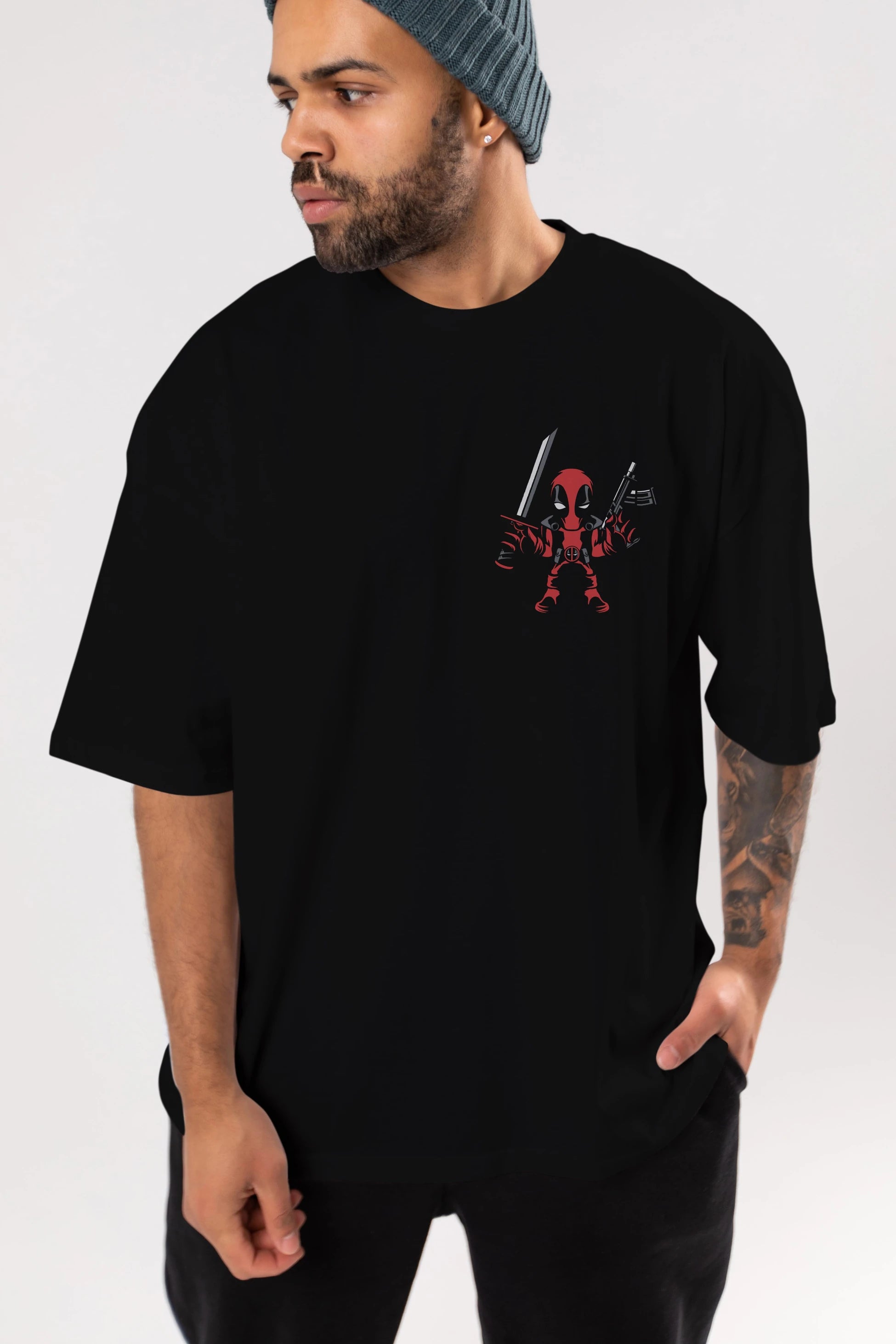 Deadpool (11) Ön Sol Baskılı Oversize t-shirt Erkek Kadın Unisex %100 Pamuk Bisiklet Yaka tişort