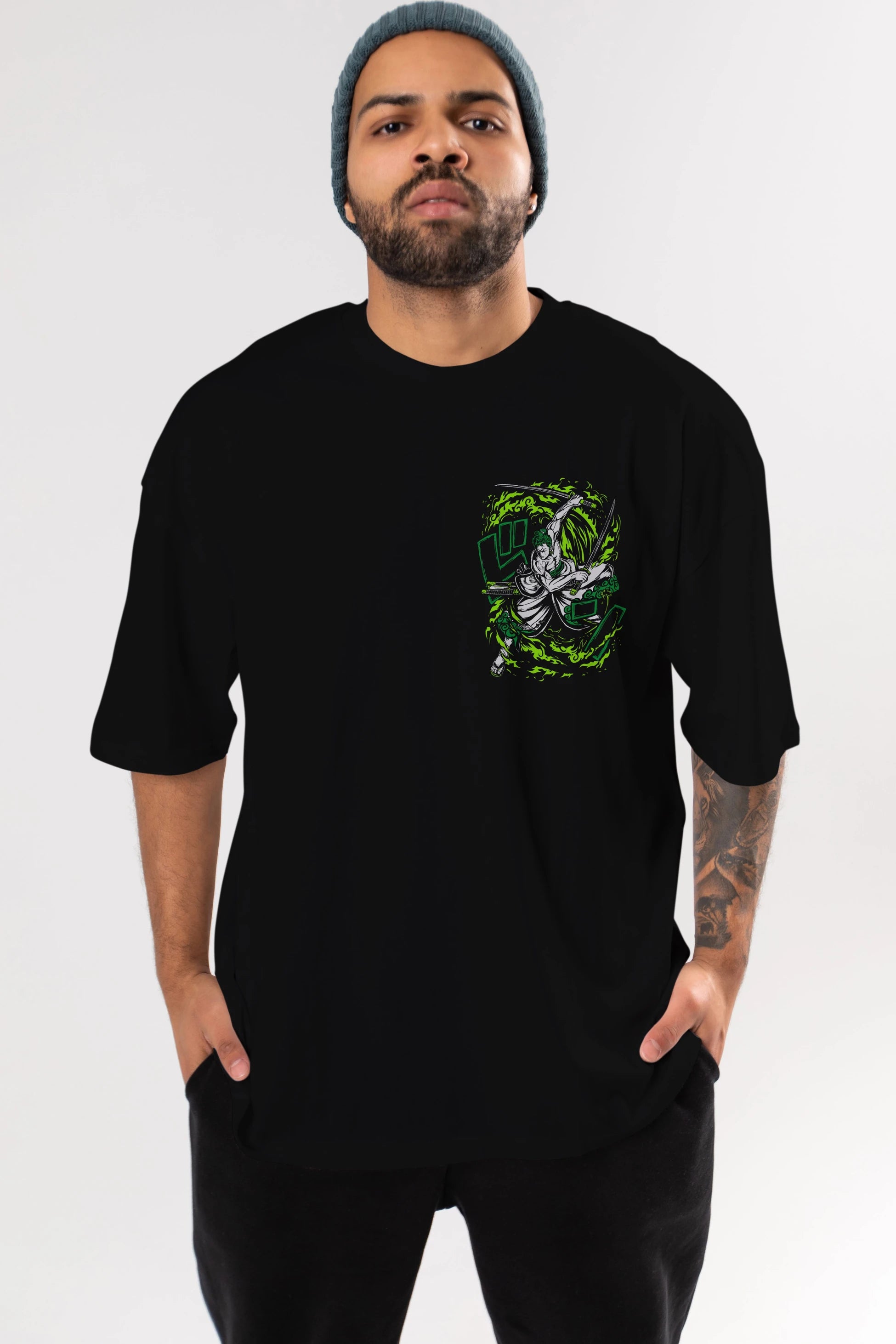 ZORO-ONE PIECE (2) Ön Sol Baskılı Oversize t-shirt Erkek Kadın Unisex %100 Pamuk Bisiklet Yaka tişort