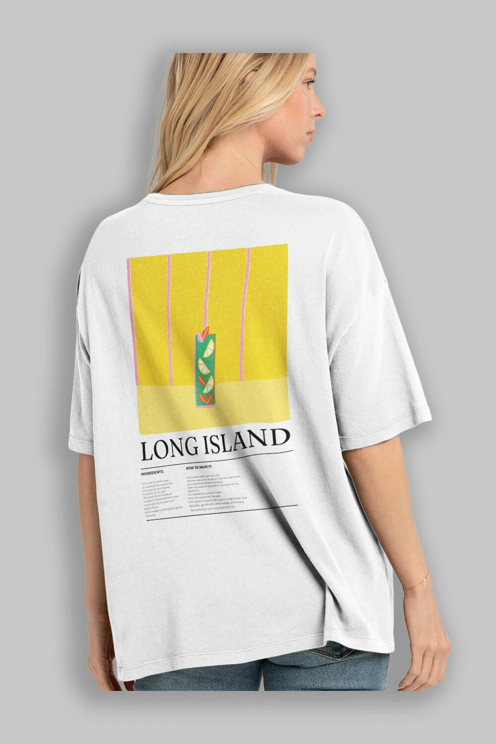 Long Island Kokteyl Serisi Arka Baskılı Oversize t-shirt Erkek Kadın %100 Pamuk Bisiklet Yaka tişort