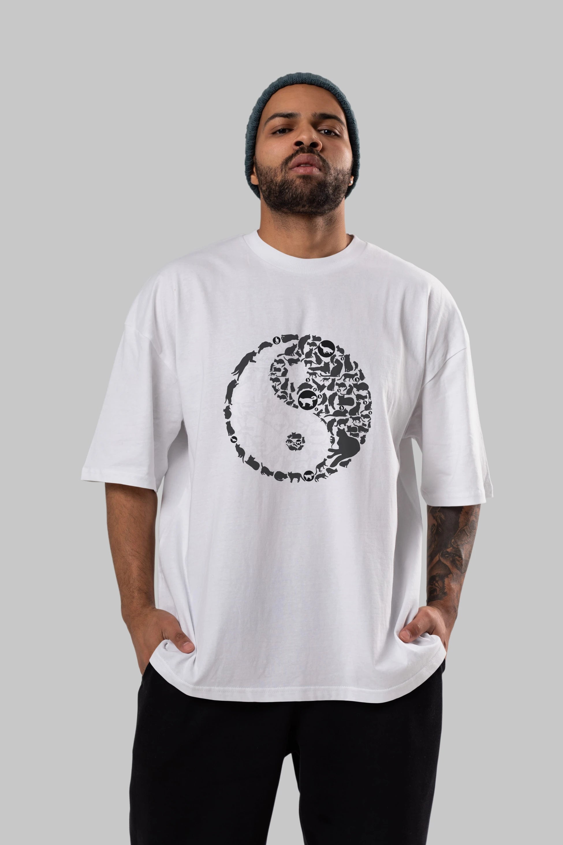 YinYang Cats Ön Baskılı Oversize t-shirt %100 pamuk Erkek Kadın Unisex