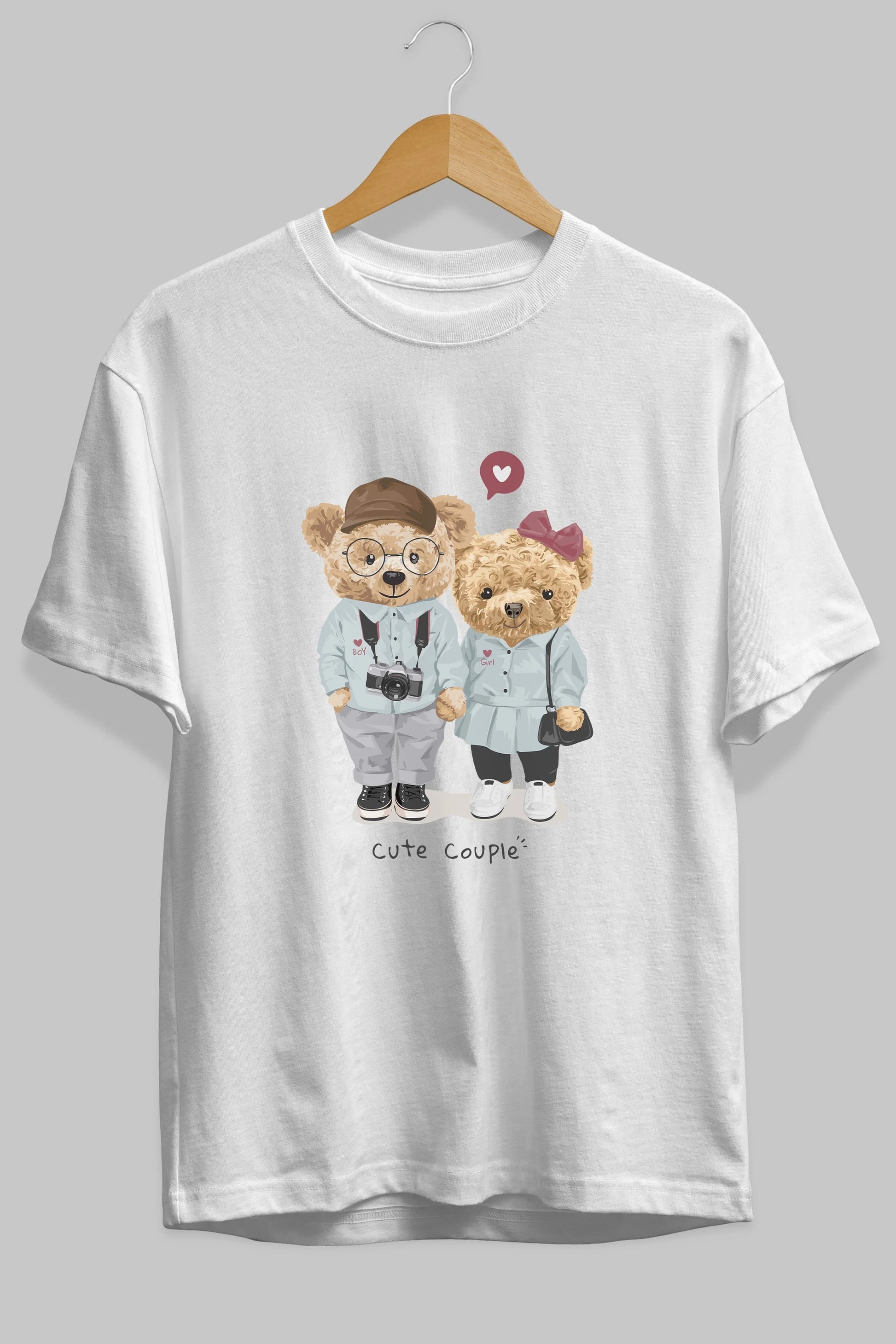 Teddy Bear Cute Couple Ön Baskılı Oversize t-shirt Erkek Kadın Unisex %100 Pamuk