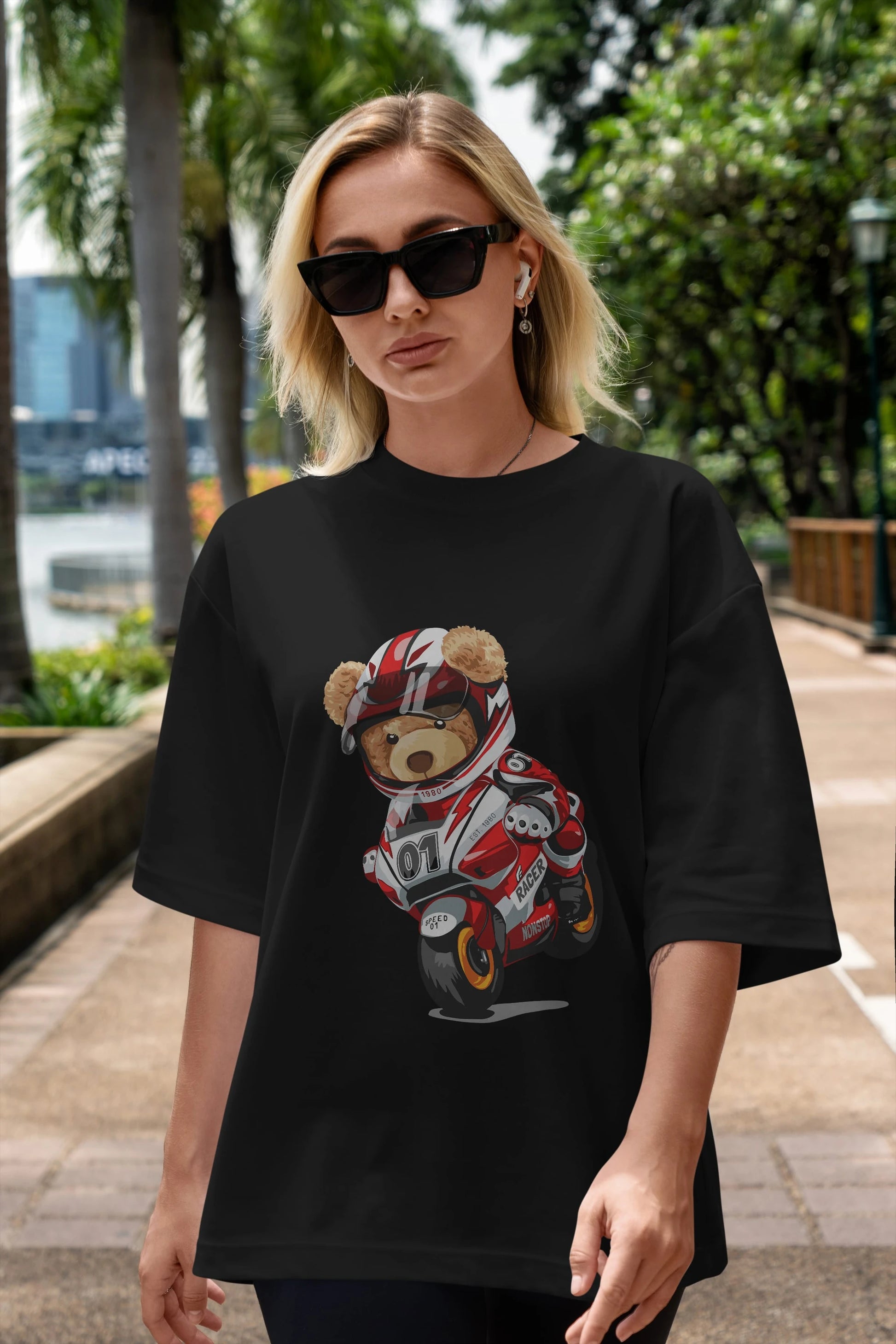 Teddy Bear Racer Ön Baskılı Oversize t-shirt Erkek Kadın Unisex %100 Pamuk