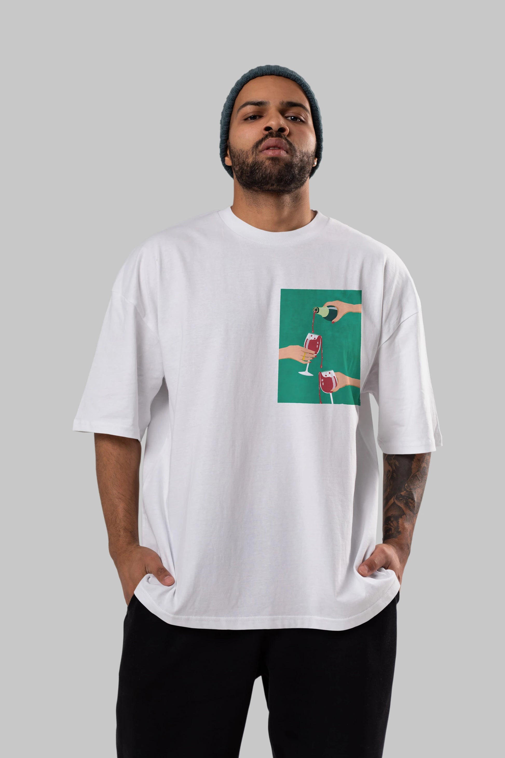 Wine 2 Ön Sol Baskılı Oversize t-shirt Erkek Kadın Unisex %100 Pamuk Bisiklet Yaka tişort