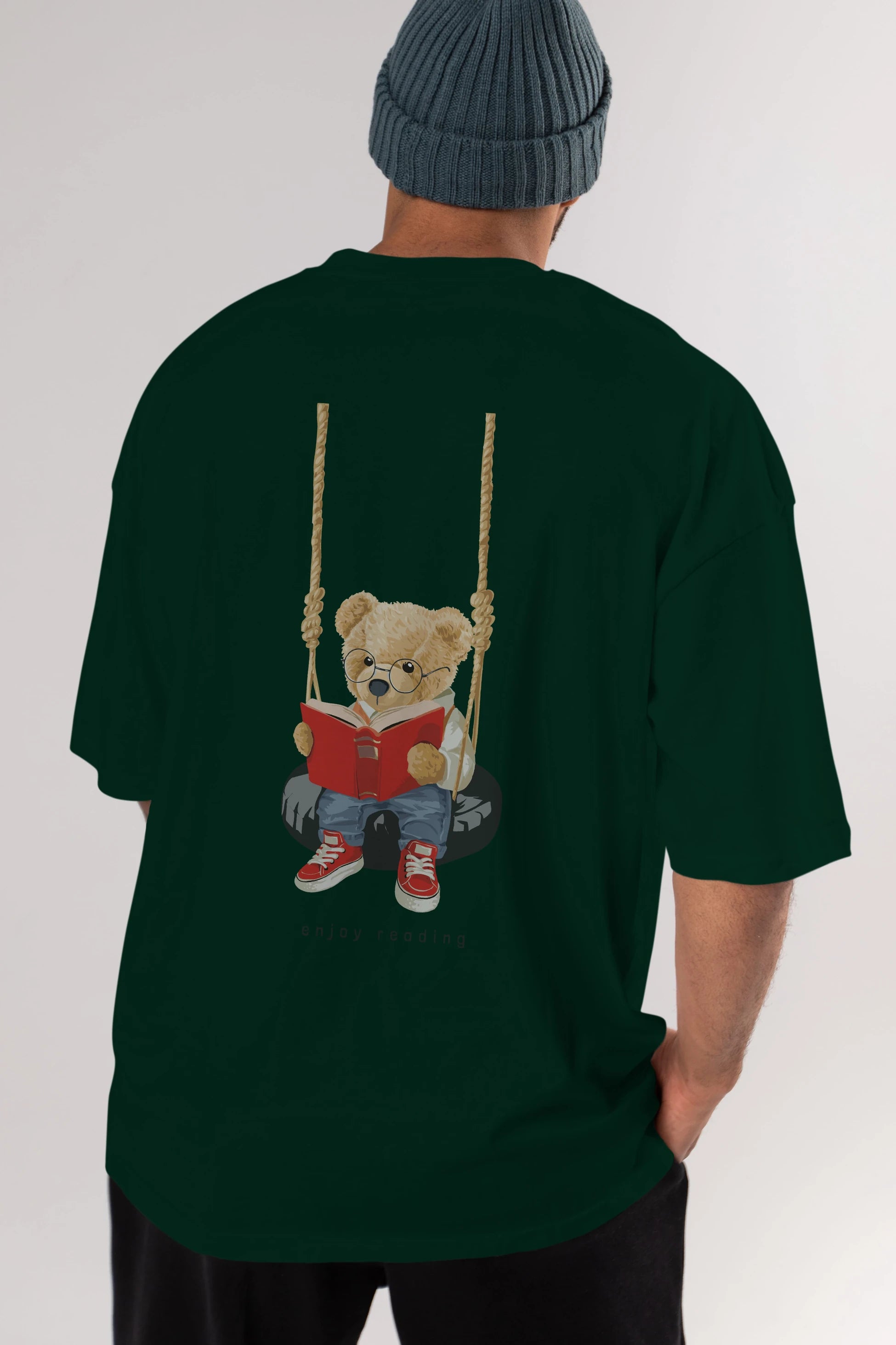 Teddy Bear Enjoy Reading Arka Baskılı Oversize t-shirt Erkek Kadın Unisex %100 Pamuk