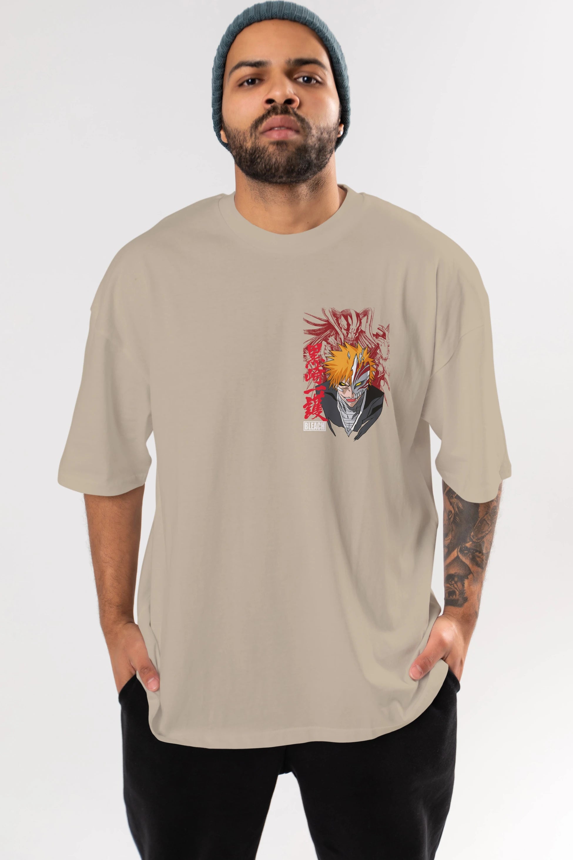 ICHIGO KUROSAKI VIZARD Ön Sol Baskılı Oversize t-shirt Erkek Kadın Unisex %100 Pamuk Bisiklet Yaka tişort