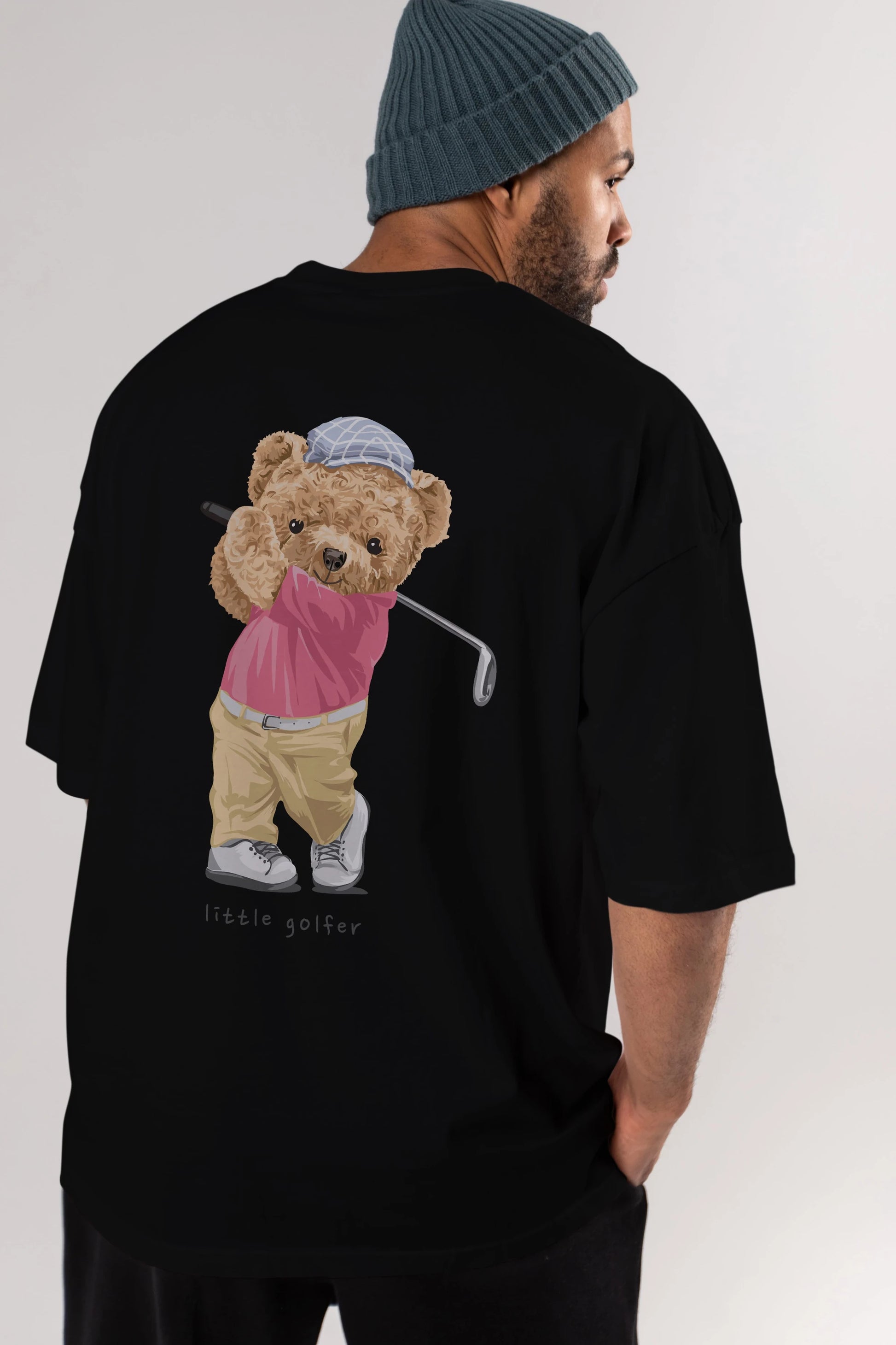 Teddy Bear Little Golfer Arka Baskılı Oversize t-shirt Erkek Kadın Unisex %100 Pamuk