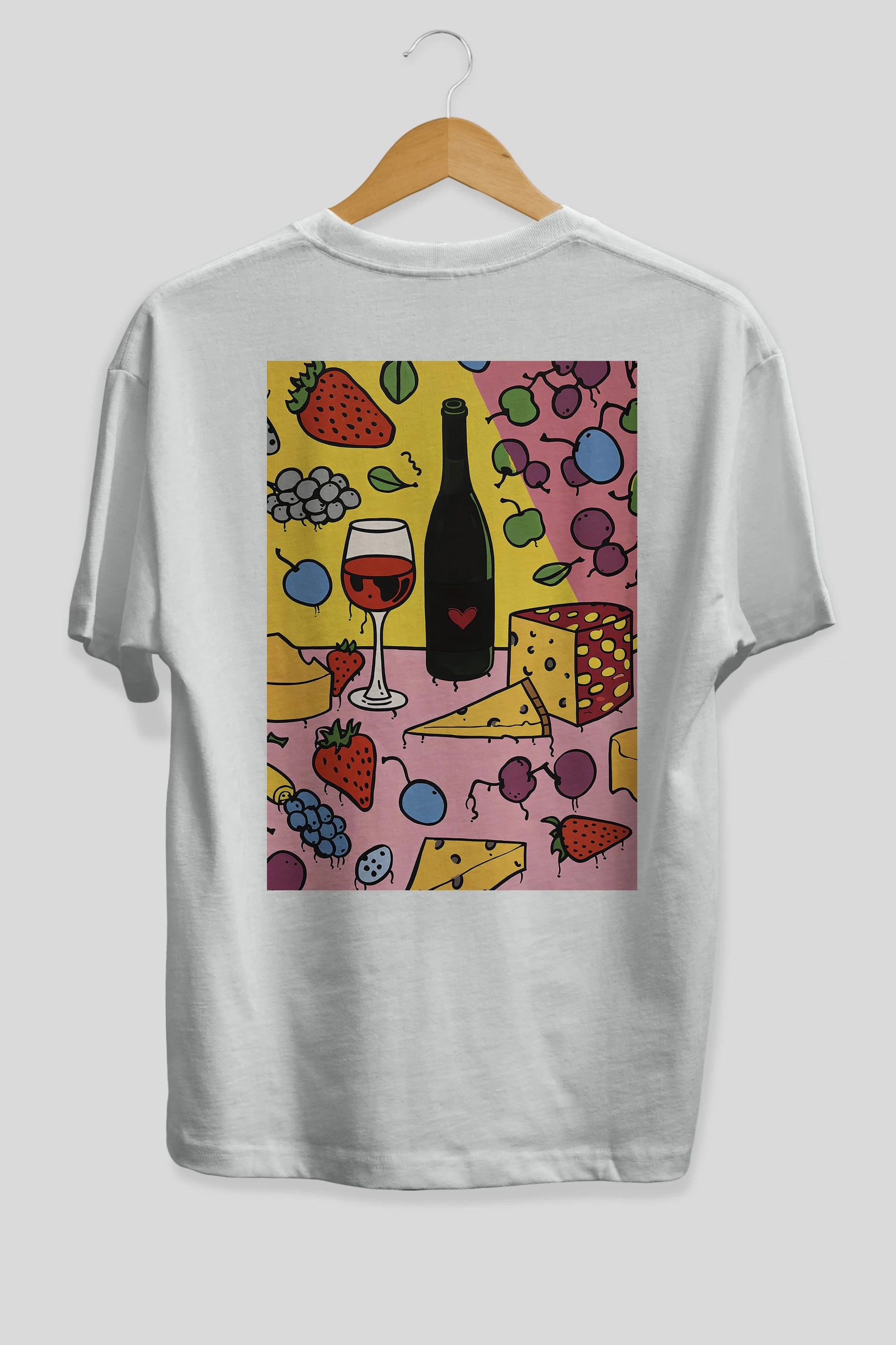 Wine Cheese Fruits Arka Baskılı Oversize t-shirt Erkek Kadın Unisex %100 Pamuk Bisiklet Yaka tişort