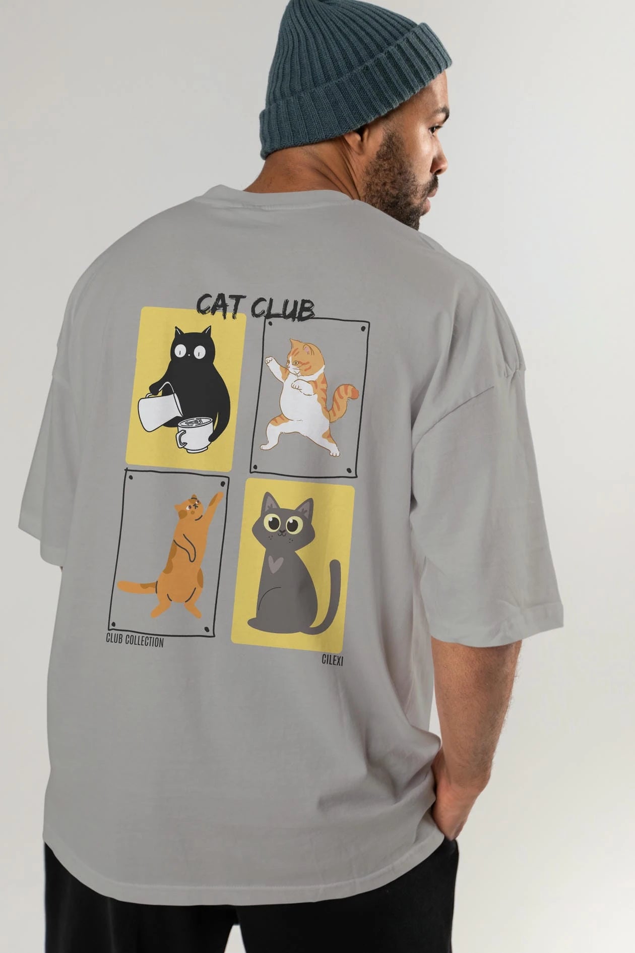 Cat Club Arka Baskılı Oversize t-shirt Erkek Kadın %100 Pamuk Bisiklet Yaka tişort