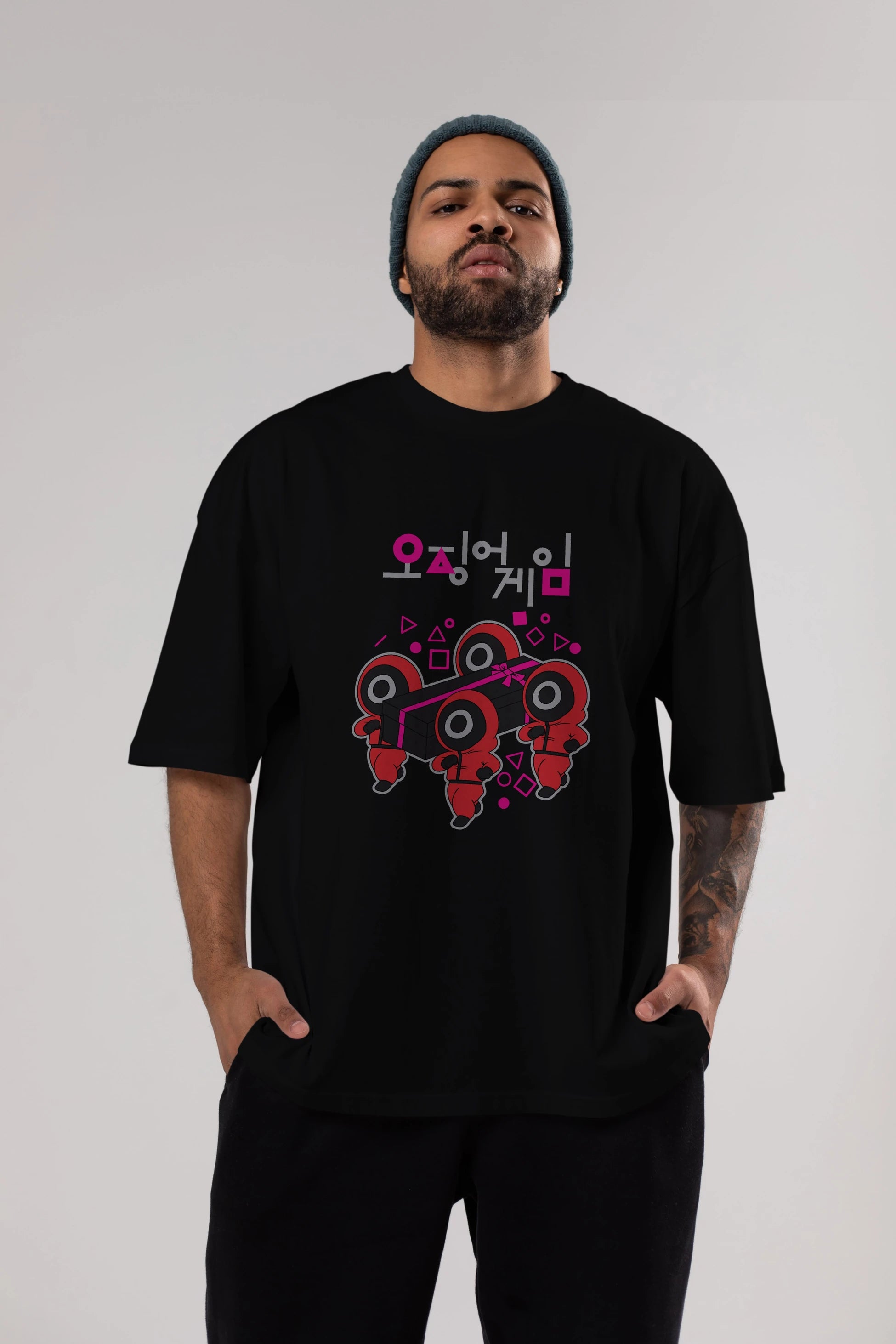 Squid Game (6) Ön Baskılı Oversize t-shirt Erkek Kadın Unisex %100 Pamuk Bisiklet Yaka tişort