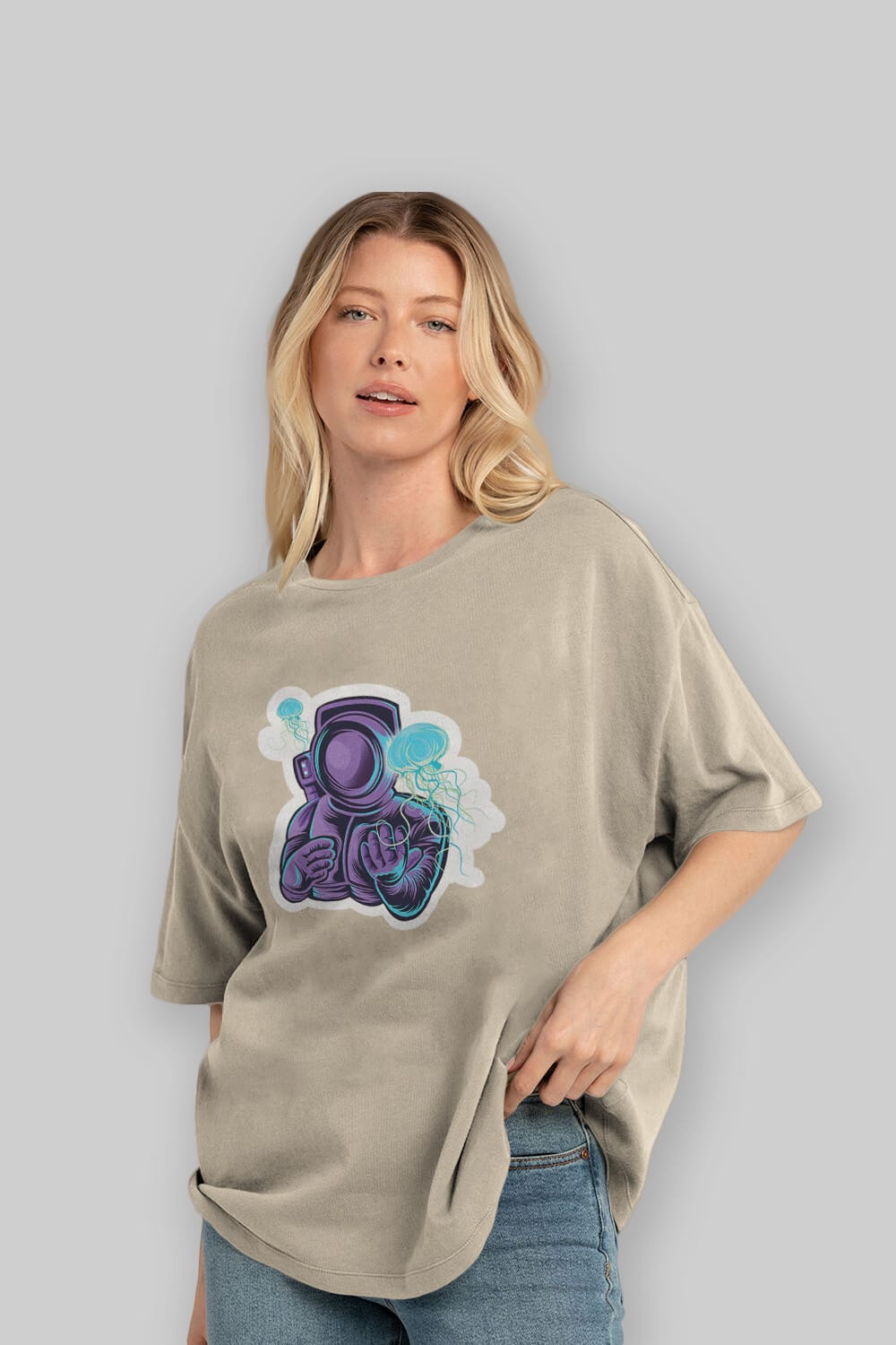 Astronaut and Jellyfish Sticker Ön Baskılı Oversize t-shirt Erkek Kadın Unisex
