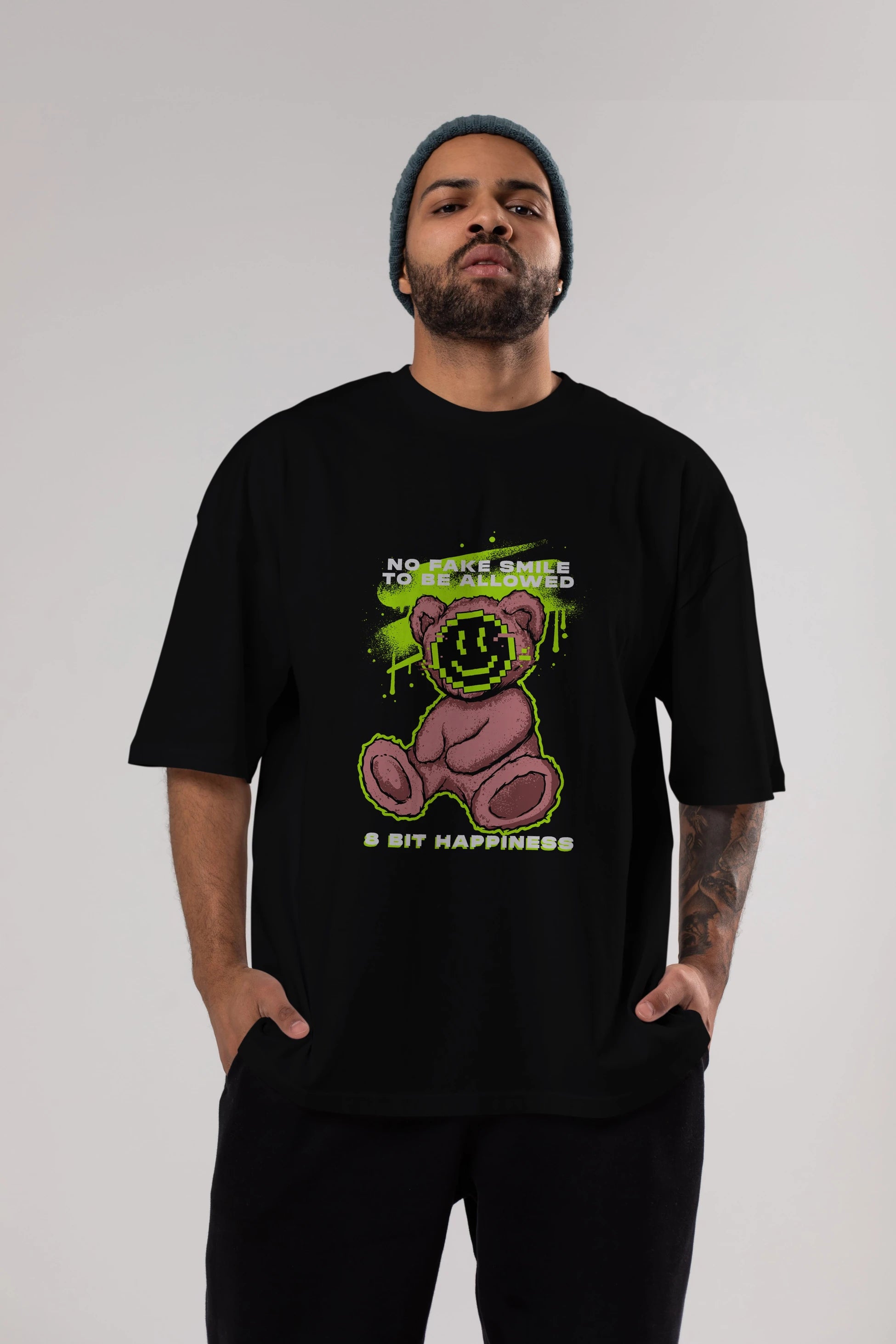 No Fake Smile Bear Ön Baskılı Oversize t-shirt Erkek Kadın Unisex