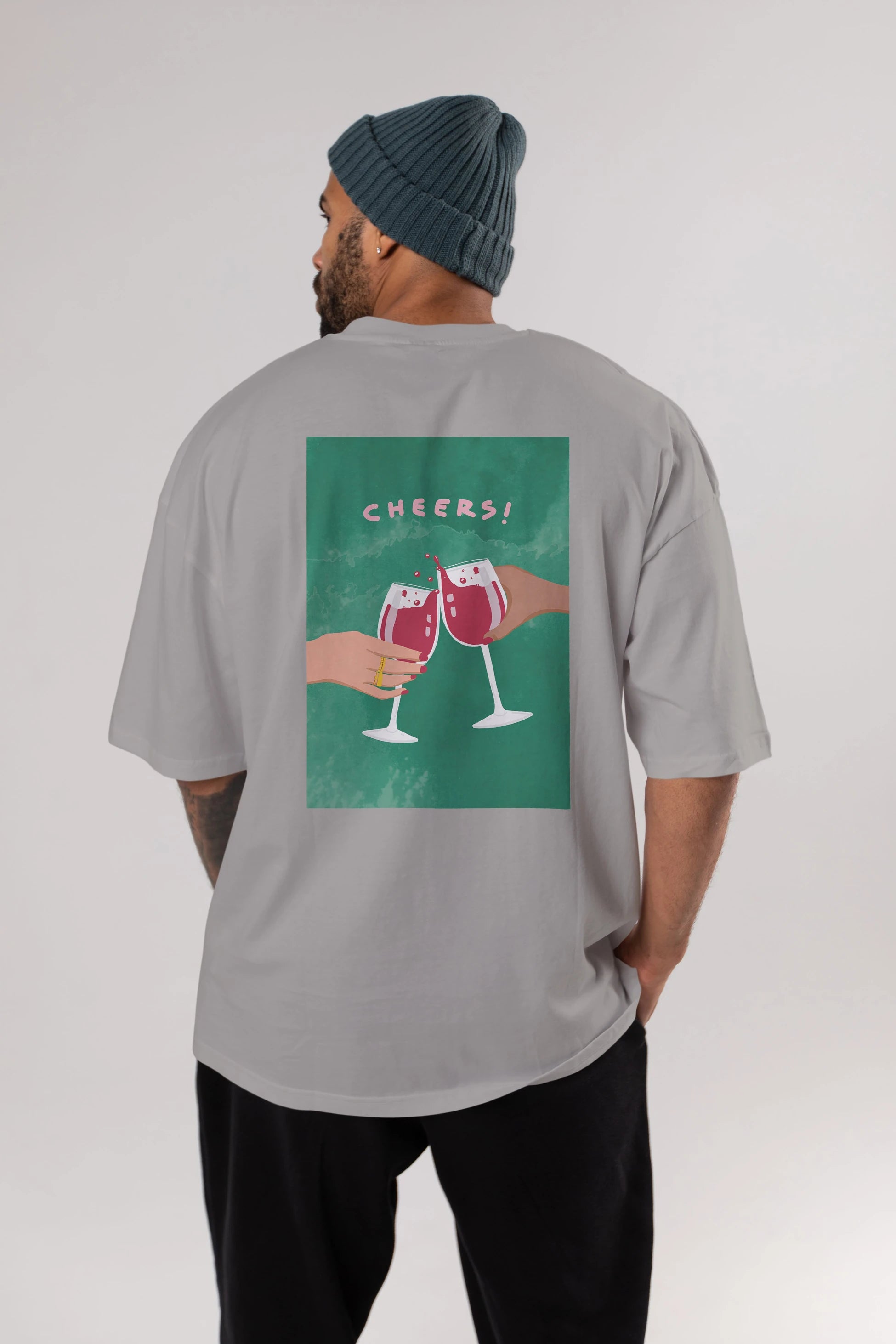 Cheers Arka Baskılı Oversize t-shirt Erkek Kadın Unisex %100 Pamuk Bisiklet Yaka tişort