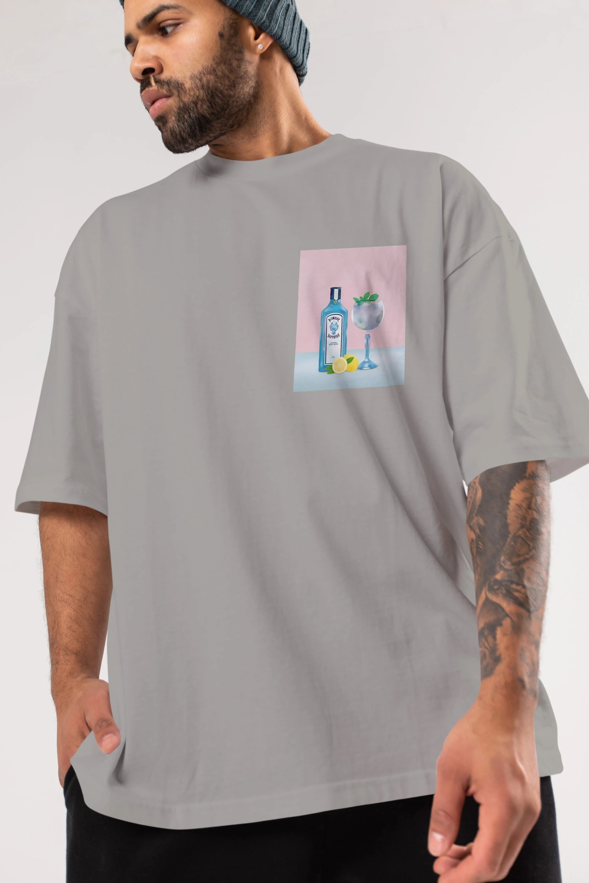 Bombay Sapphire Dry Gin Ön Sol Baskılı Oversize t-shirt Erkek Kadın Unisex %100 Pamuk Bisiklet Yaka tişort