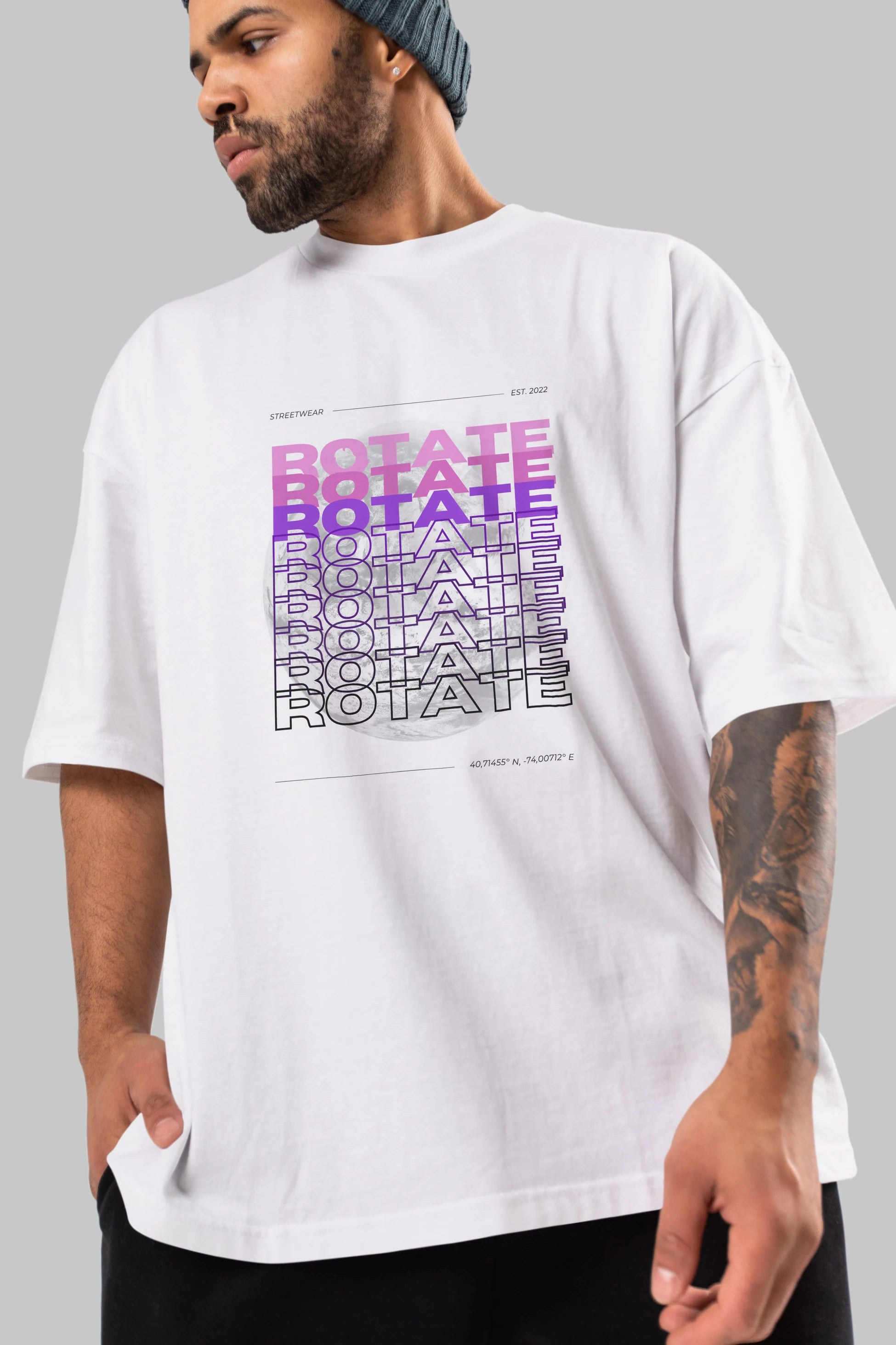 Rotate Yazılı Ön Baskılı Oversize t-shirt Erkek Kadın Unisex