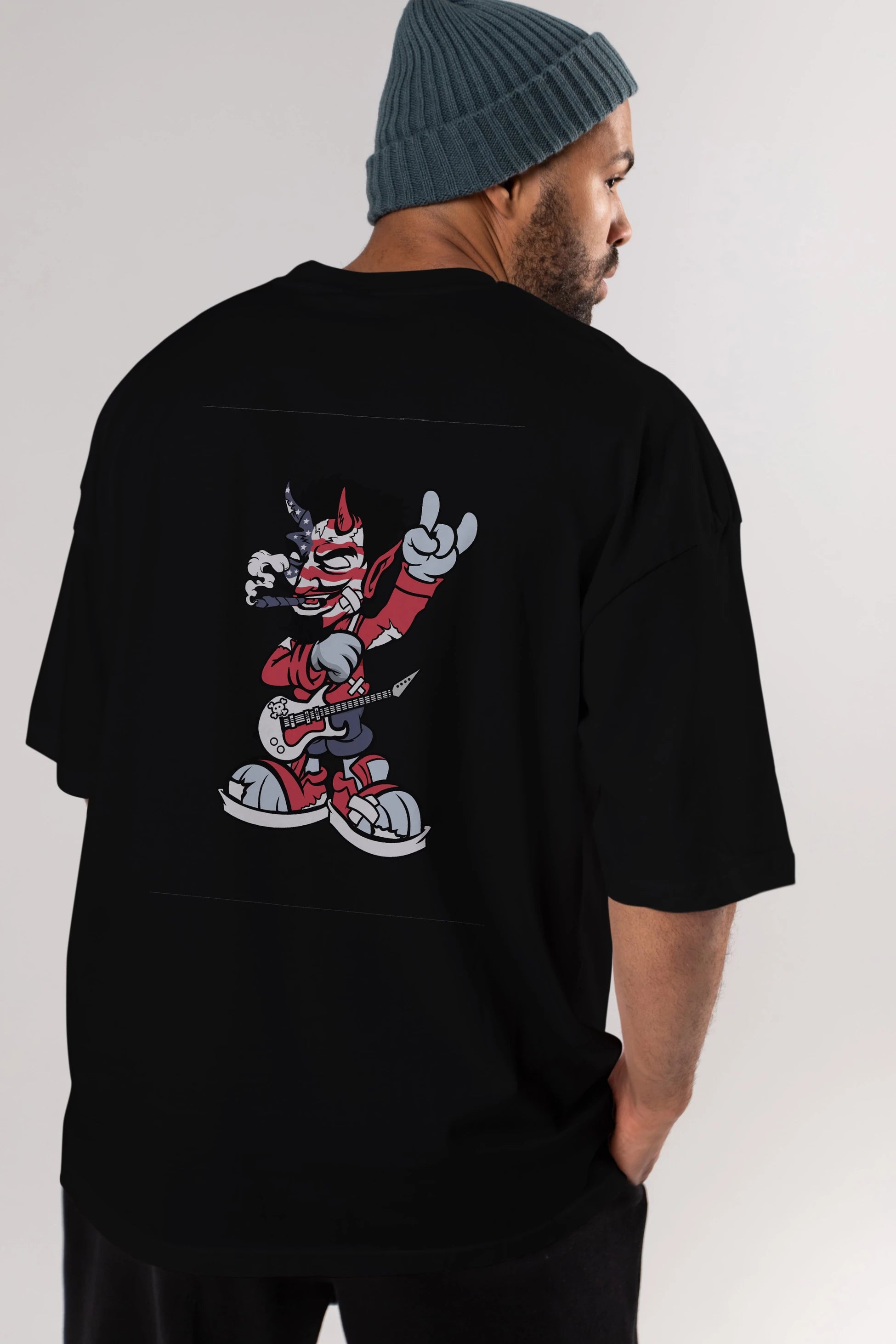 American Devil Rockstar Arka Baskılı Oversize t-shirt Erkek Kadın Unisex %100 Pamuk tişort