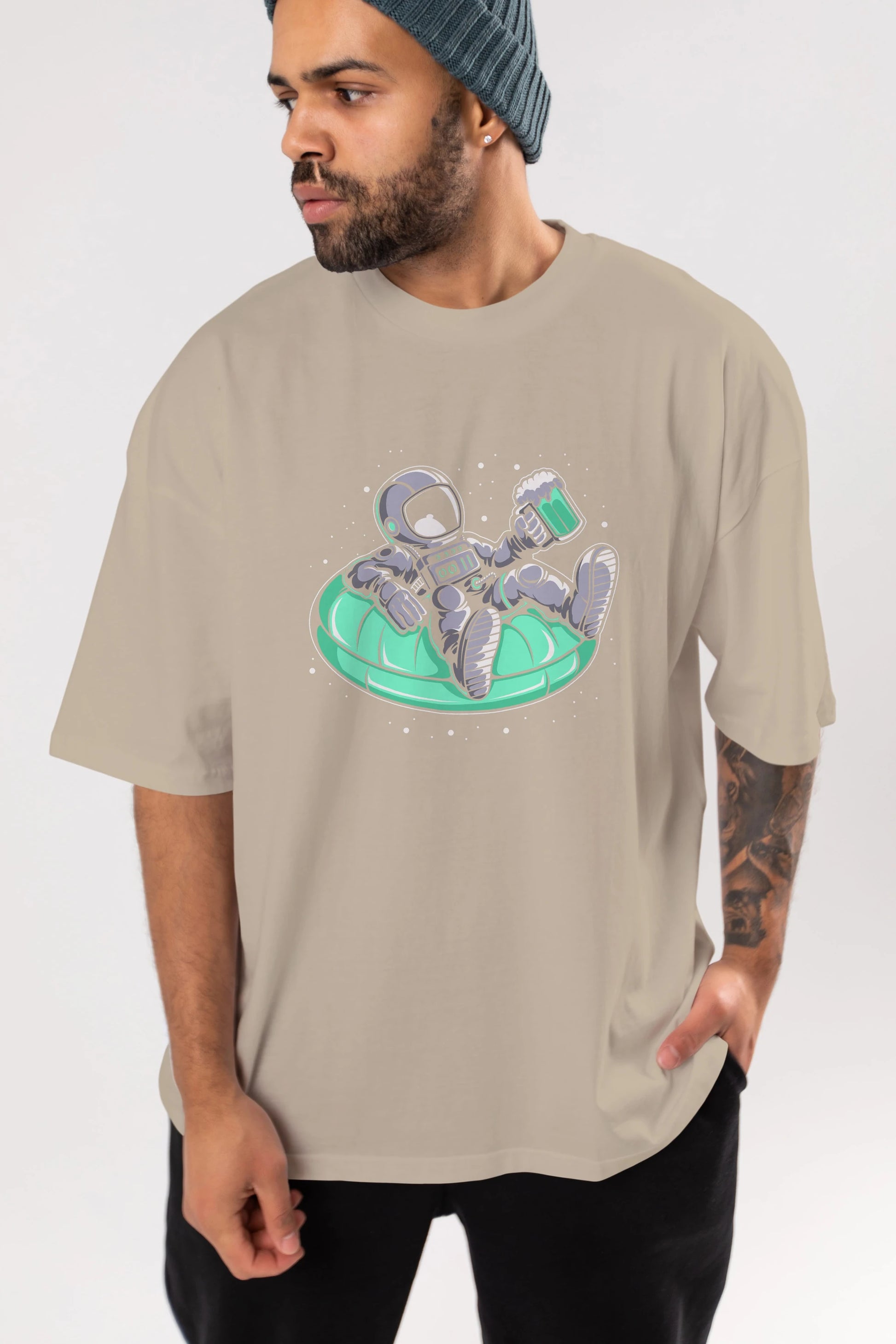 Astronaut Pool Float Ön Baskılı Oversize t-shirt Erkek Kadın Unisex
