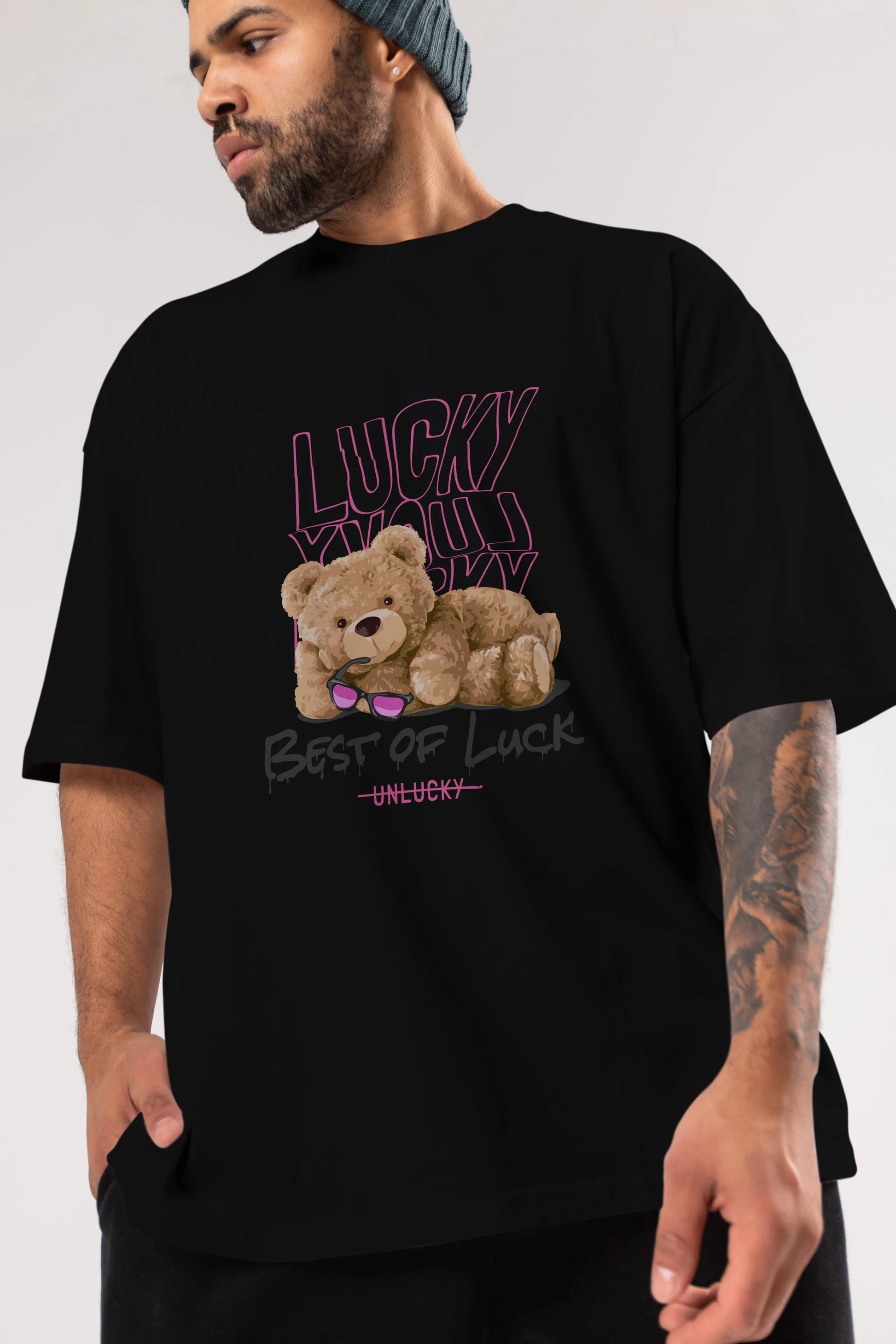 Best of Lucky Bear Ön Baskılı Oversize t-shirt Erkek Kadın Unisex
